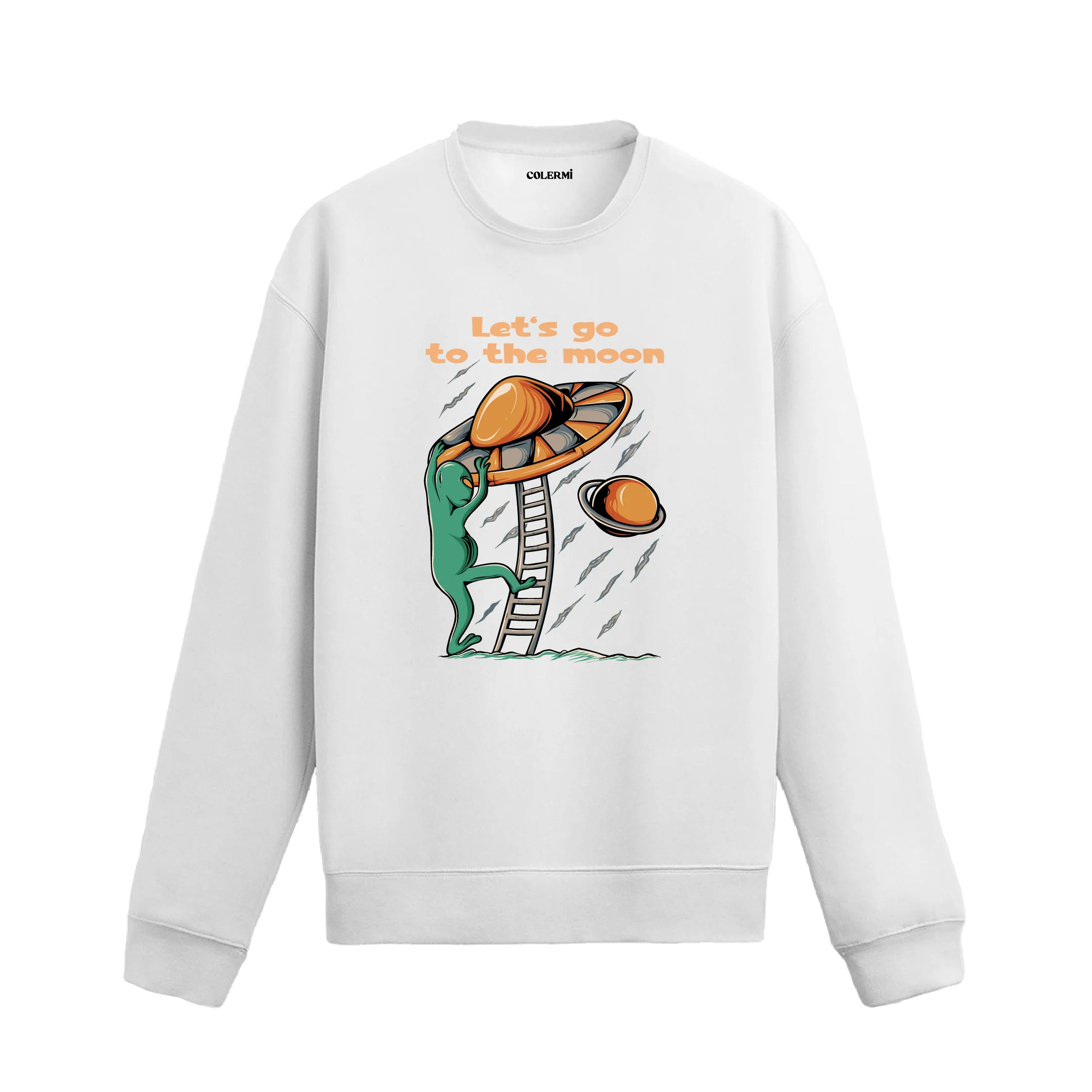 Merdivenle uzay gemisine çıkan uzaylı figürlü beyaz sweatshirt