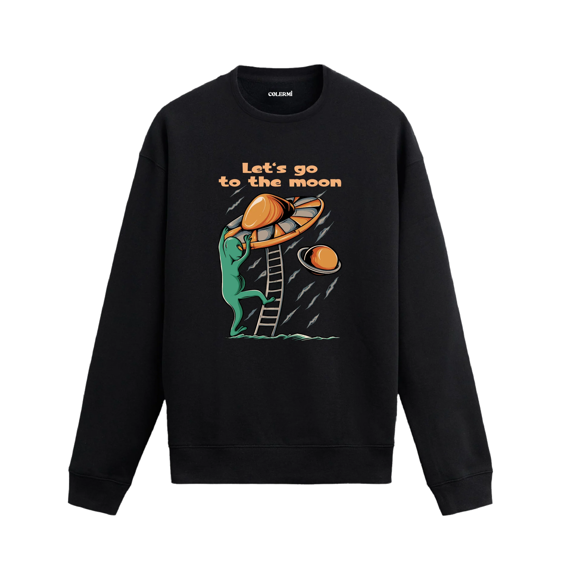 Merdivenle uzay gemisine çıkan uzaylı figürlü siyah sweatshirt