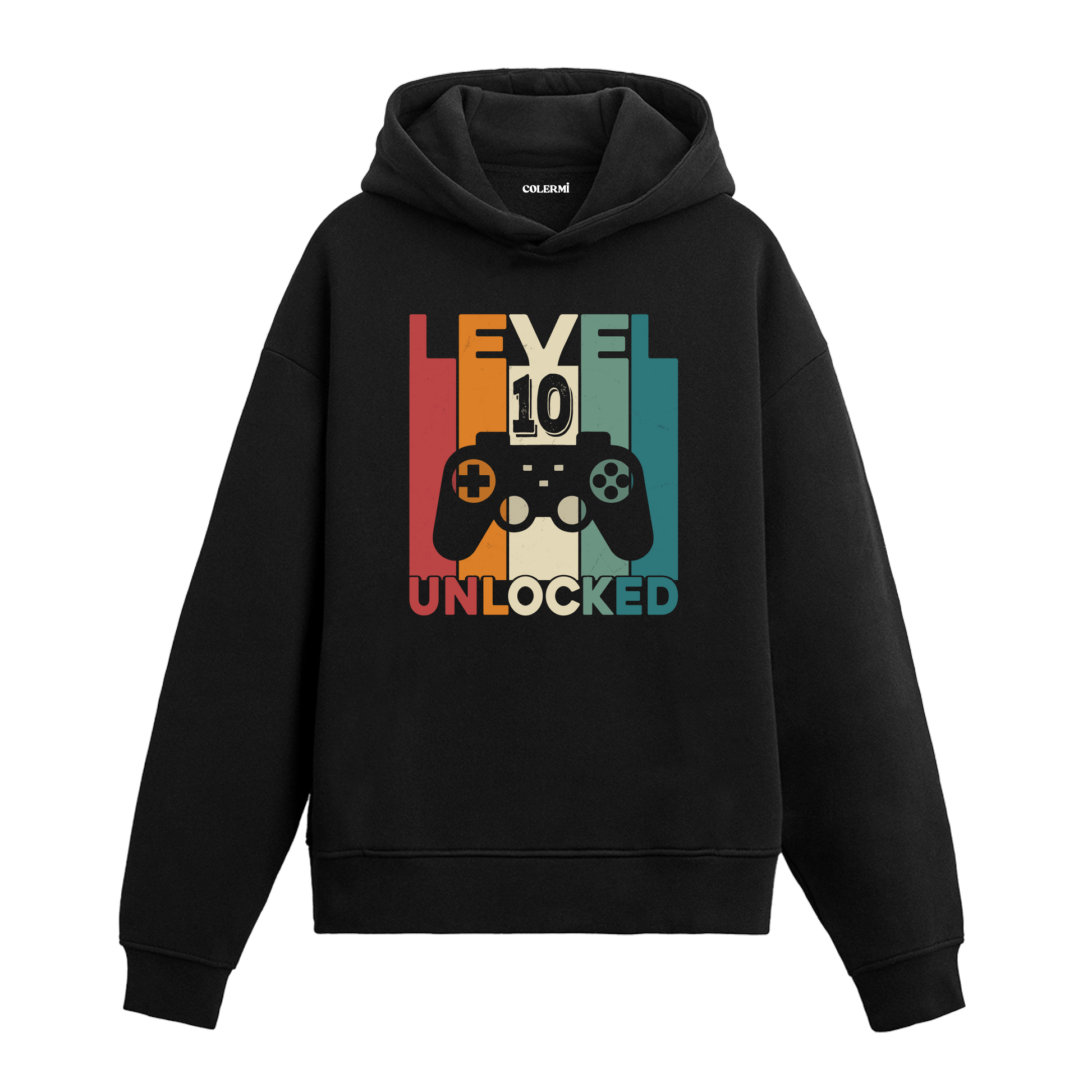 Level 10 Unlocked yazılı siyah hoodie – oyun kolu figürlü retro gamer temalı tasarım