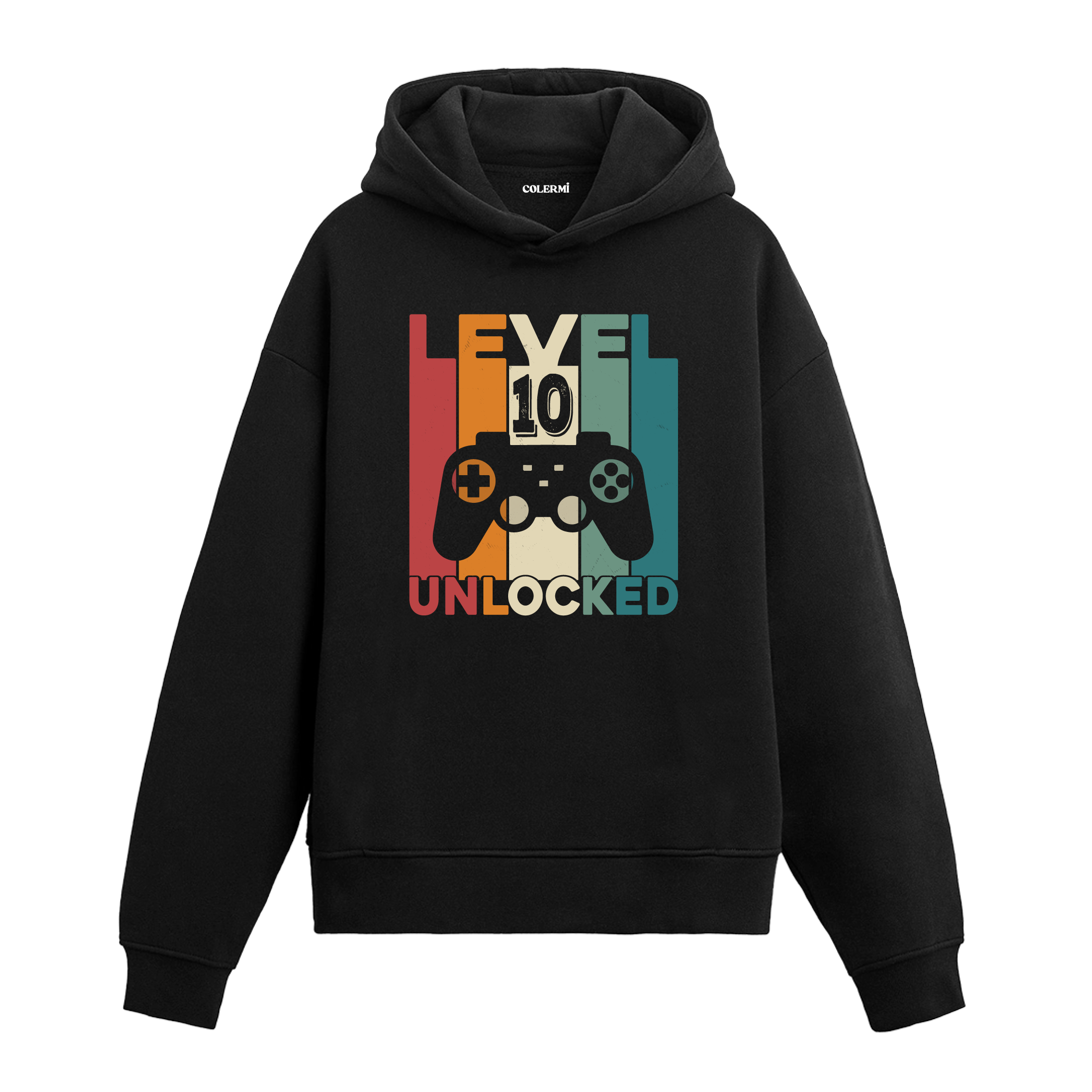Level 10 Unlocked yazılı siyah hoodie – oyun kolu figürlü retro gamer temalı tasarım