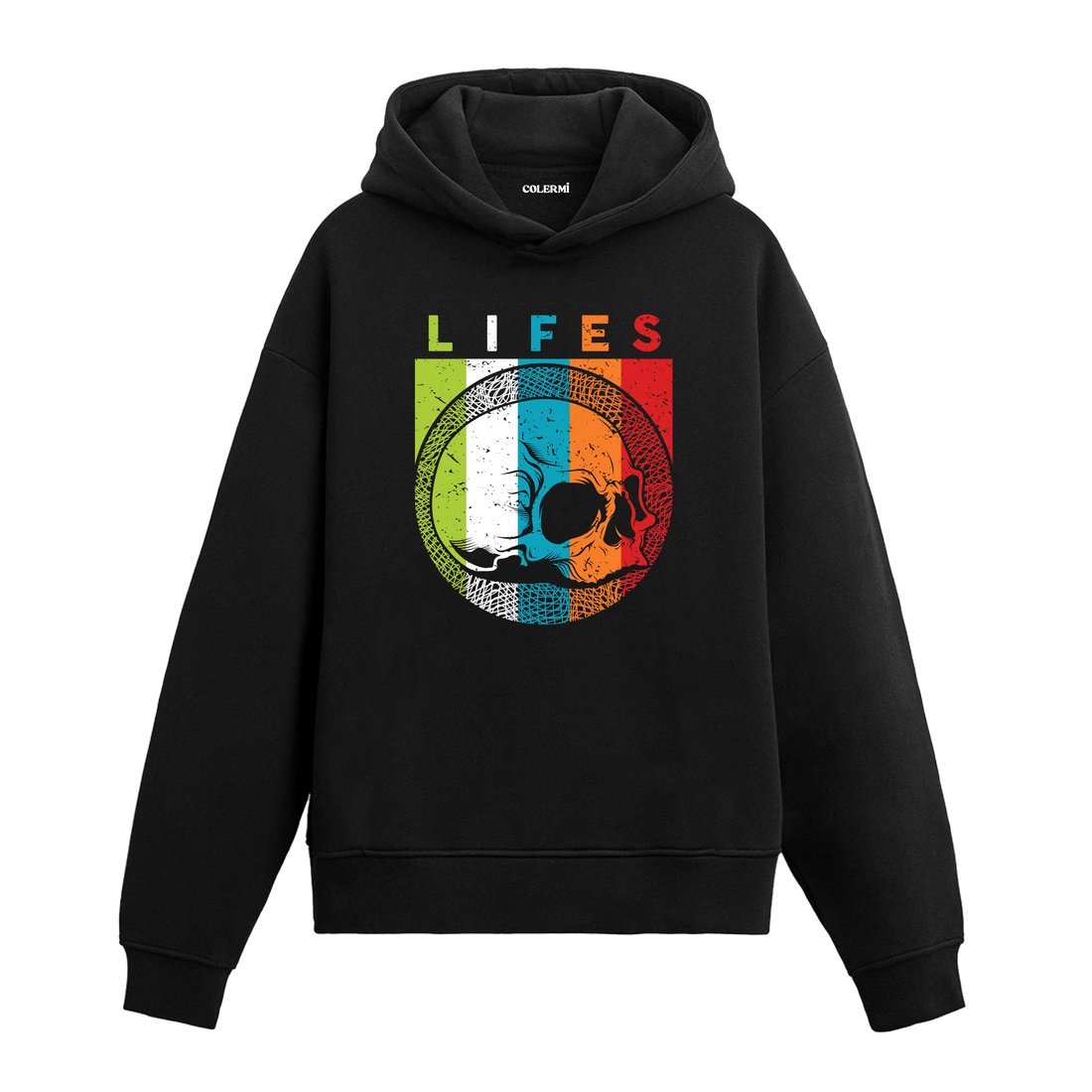 Siyah hoodie, Lifes yazılı kurukafa baskısı, retro unisex pamuk hoodie
