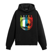 Siyah hoodie, Lifes yazılı kurukafa baskısı, retro unisex pamuk hoodie