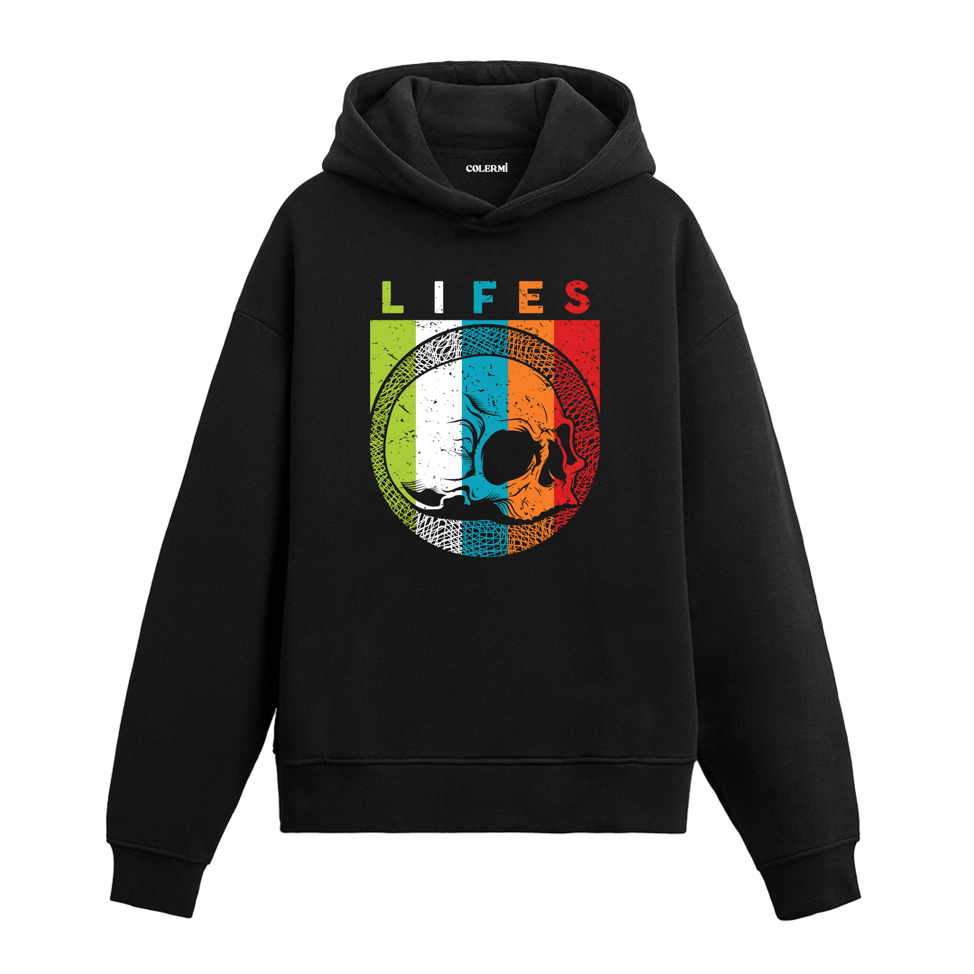 Siyah hoodie, Lifes yazılı kurukafa baskısı, retro unisex pamuk hoodie