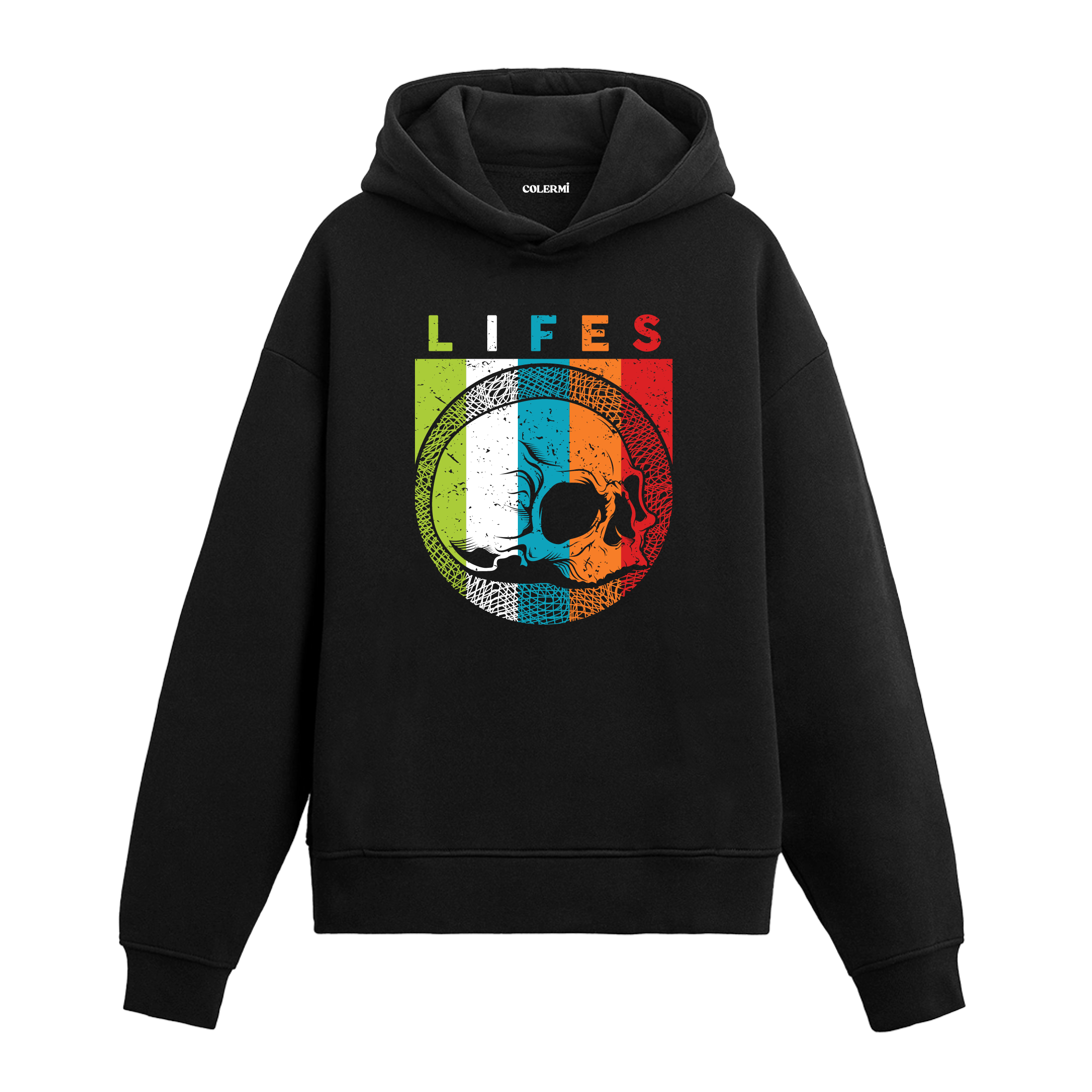 Siyah hoodie, Lifes yazılı kurukafa baskısı, retro unisex pamuk hoodie