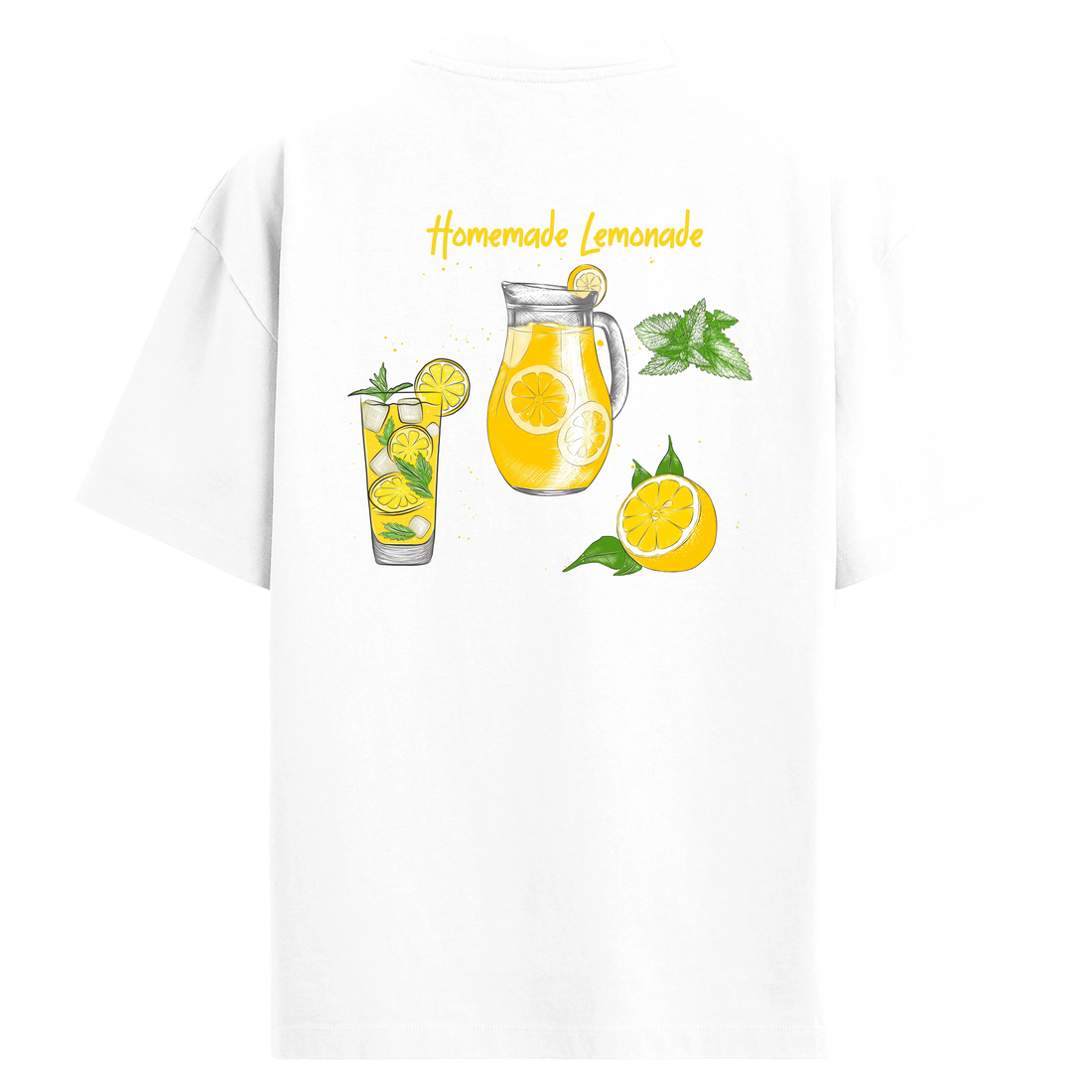 Ev yapımı limonata ve limon çizimi bulunan beyaz sırt baskılı oversize tişört