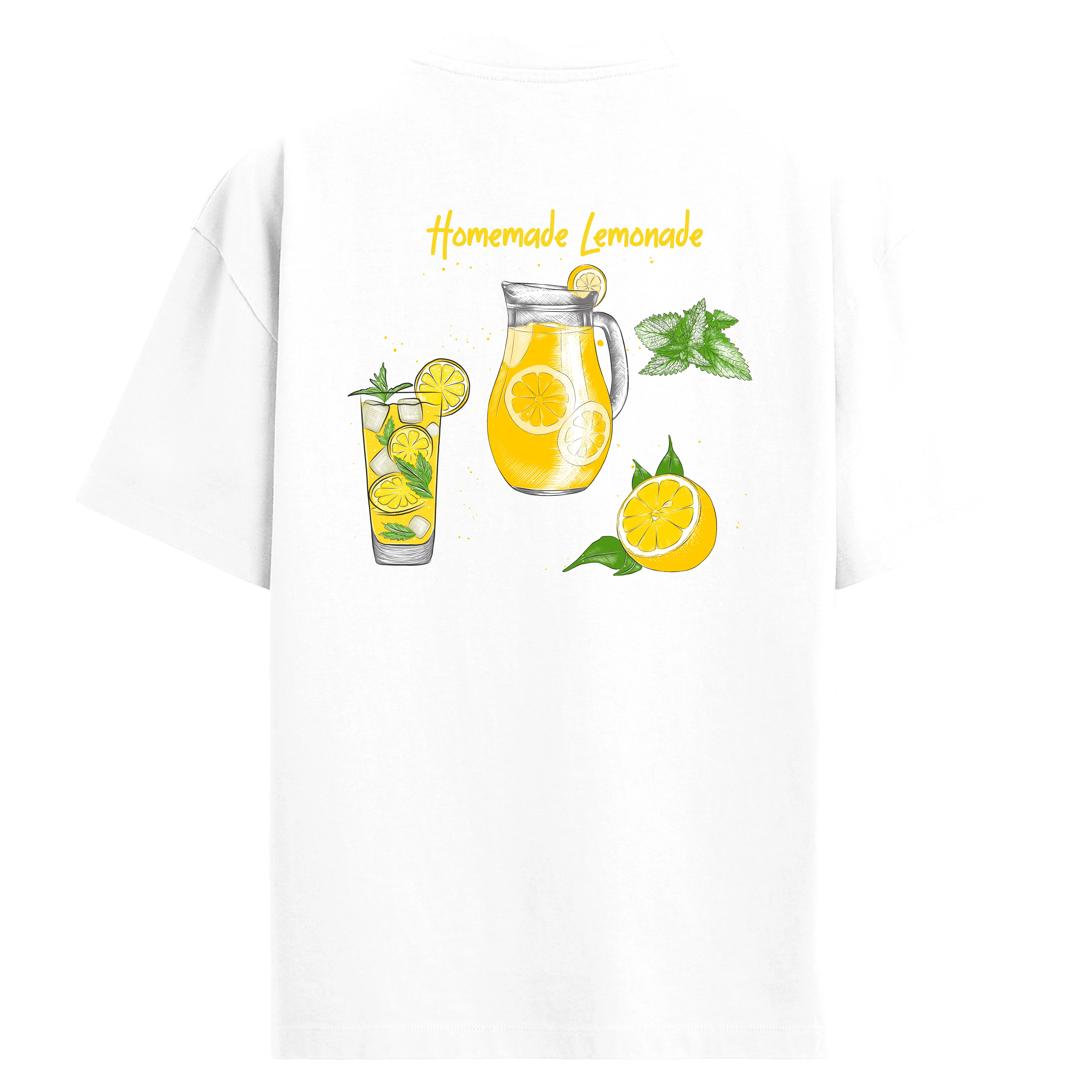 Ev yapımı limonata ve limon çizimi bulunan beyaz sırt baskılı oversize tişört