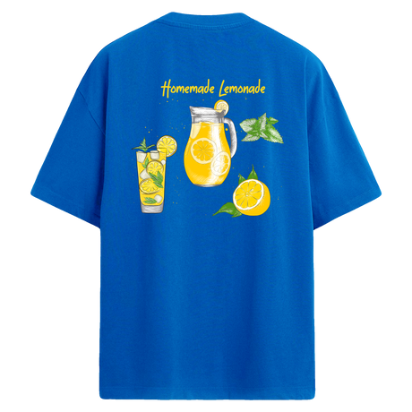 Ev yapımı limonata ve limon çizimi bulunan mavi sırt baskılı oversize tişört