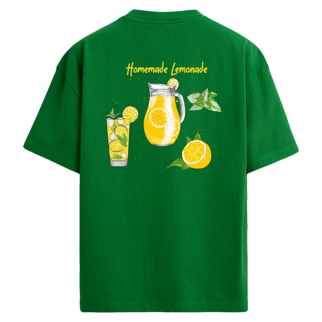 Ev yapımı limonata ve limon çizimi bulunan yesil  sırt baskılı oversize tişört