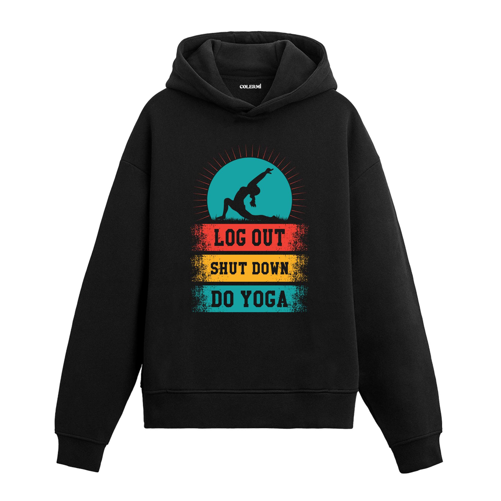 Log Out Shut Down Do Yoga yazılı siyah hoodie – yoga yapan figür baskılı motivasyon temalı tasarım