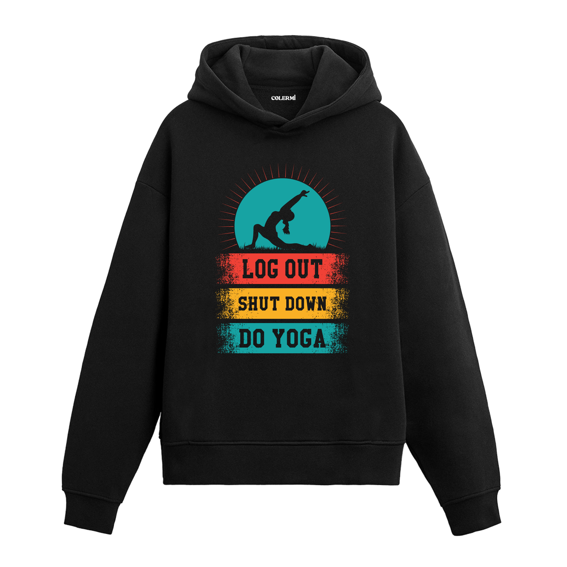 Log Out Shut Down Do Yoga yazılı siyah hoodie – yoga yapan figür baskılı motivasyon temalı tasarım