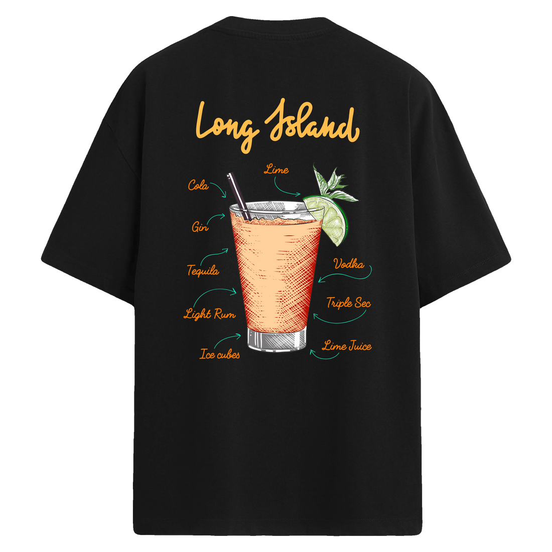 Long Island kokteyl baskılı, içerik detaylı sırt tasarımlı oversize tişört