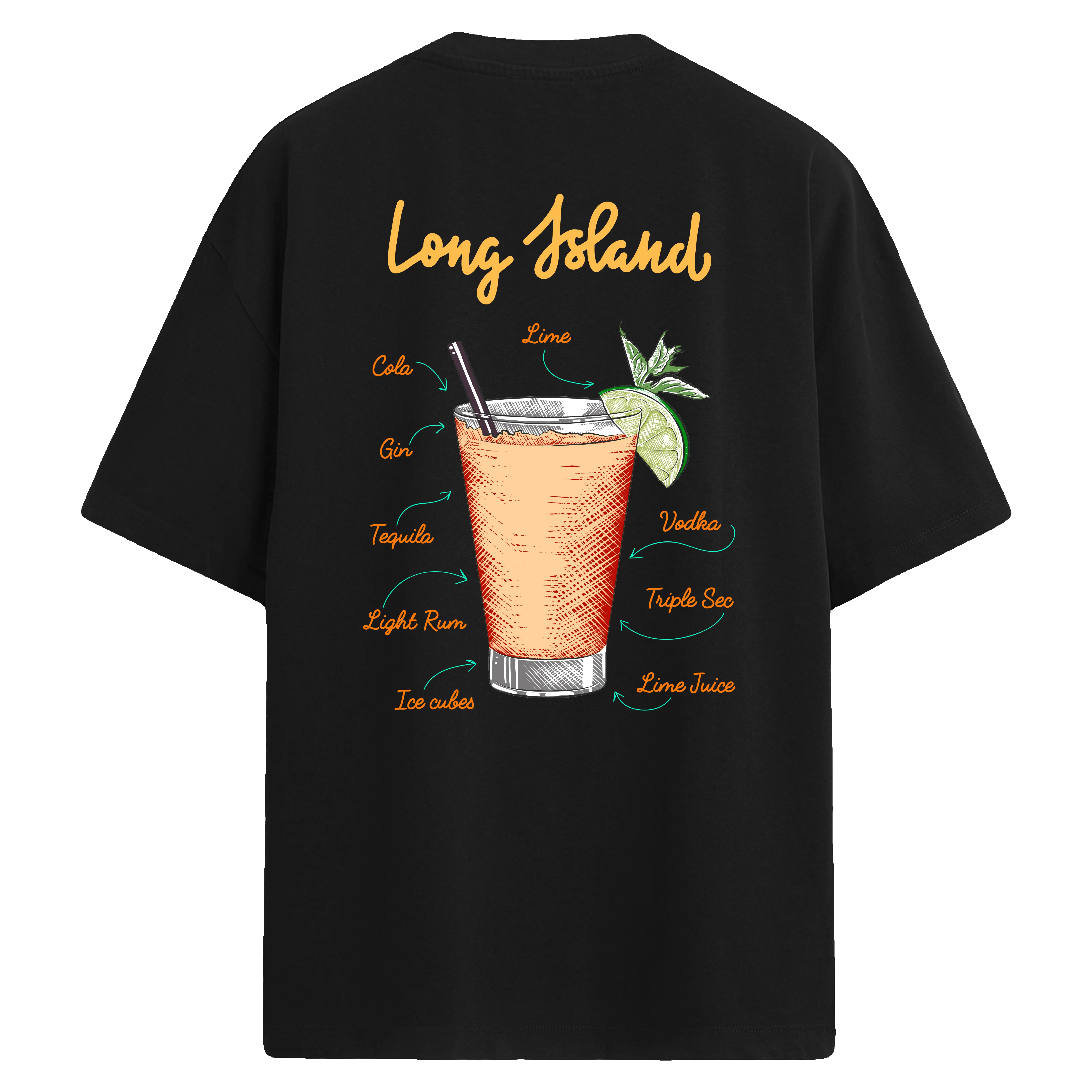 Long Island kokteyl baskılı, içerik detaylı sırt tasarımlı oversize tişört