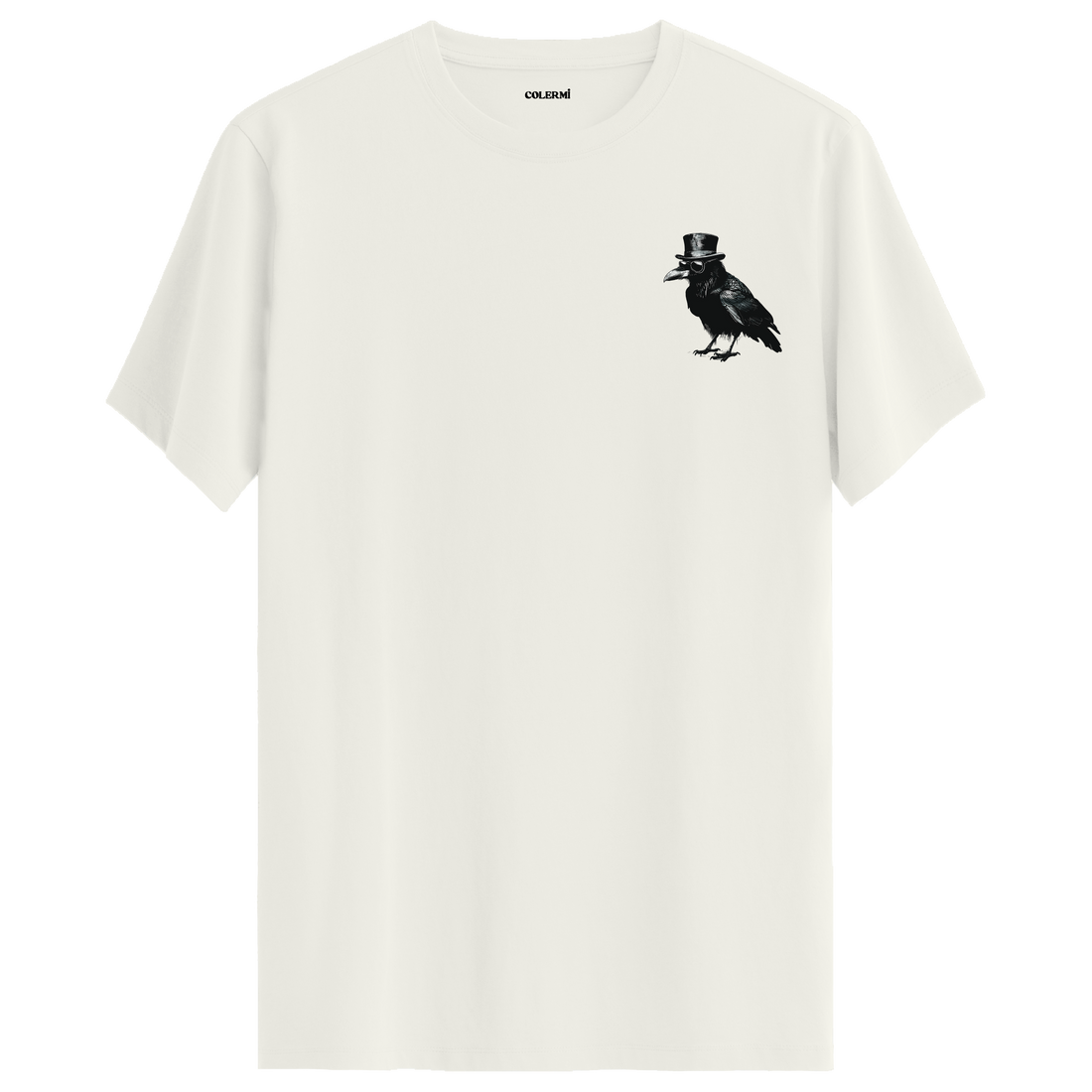 Ekru tişört üzerinde Lord Crow şapkalı karga baskısı
