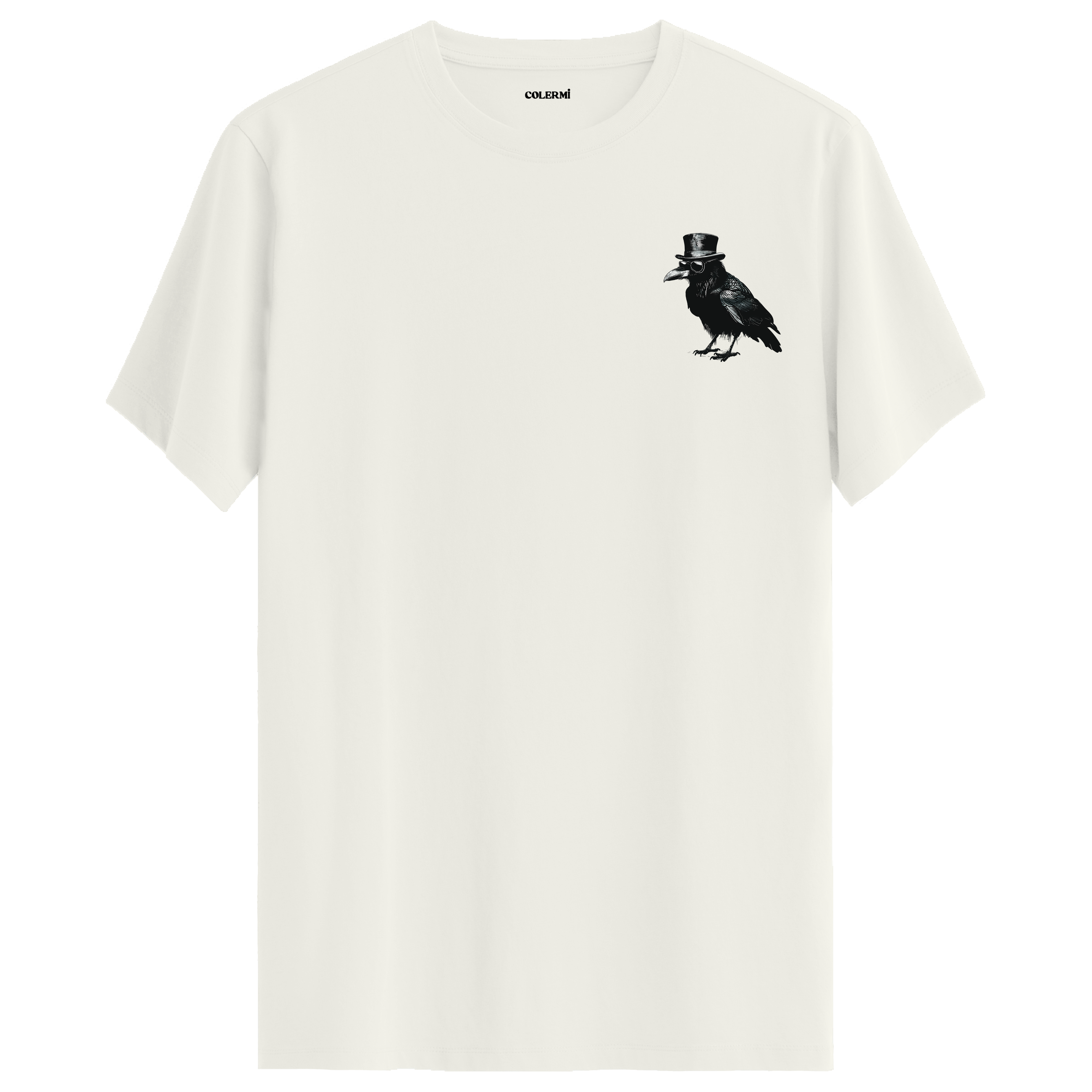 Ekru tişört üzerinde Lord Crow şapkalı karga baskısı