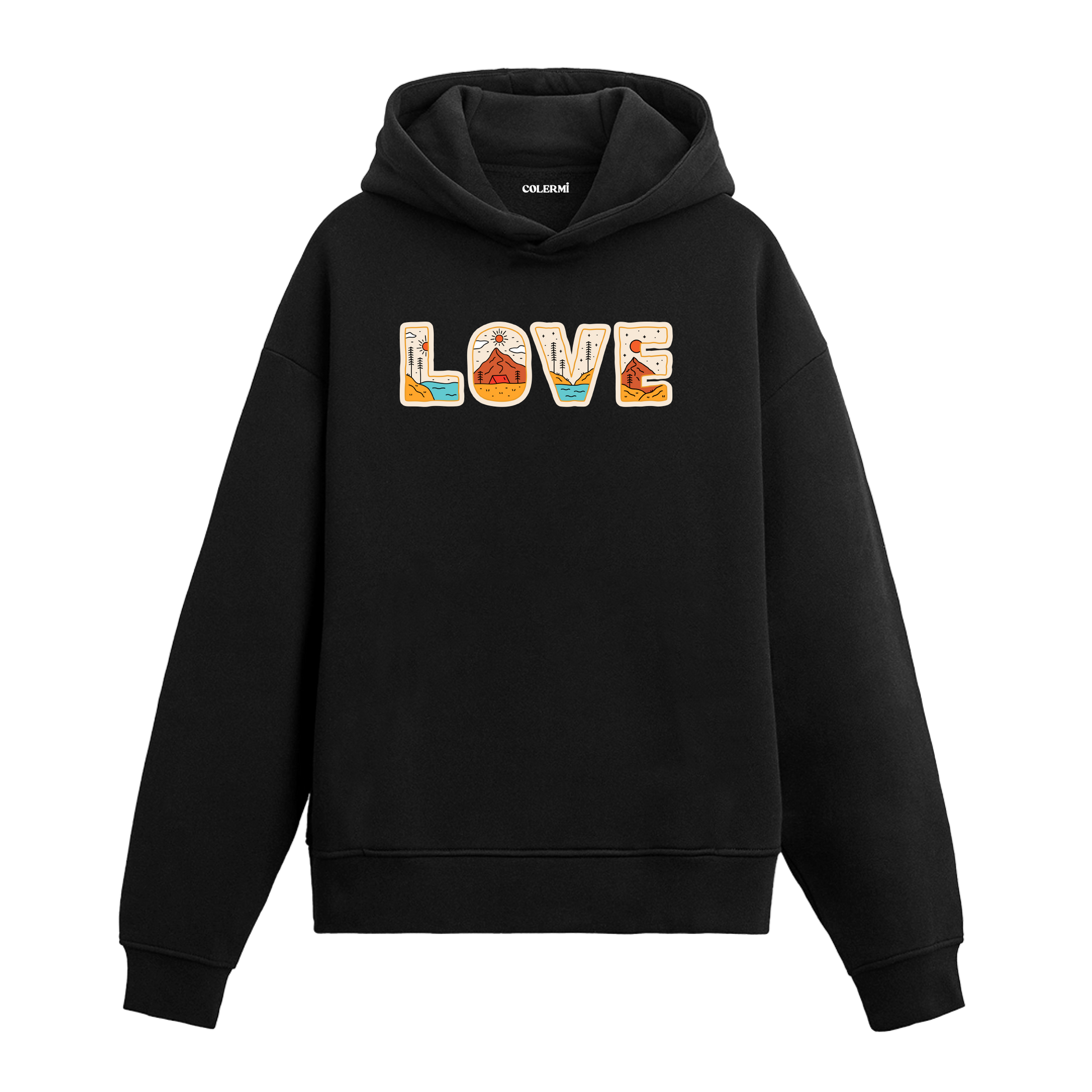 Siyah hoodie üzerinde Love yazılı doğa tasarımı