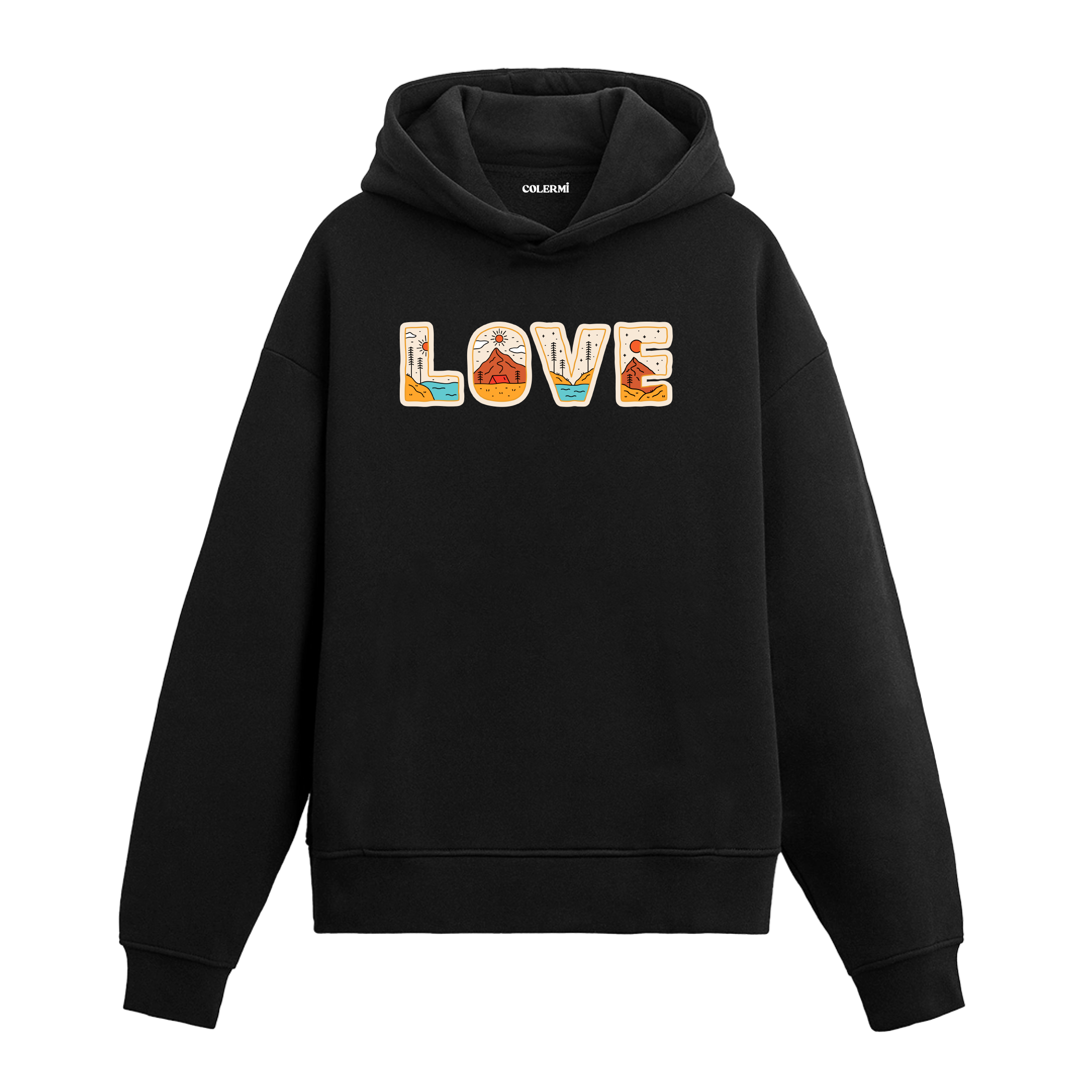 Siyah hoodie üzerinde Love yazılı doğa tasarımı