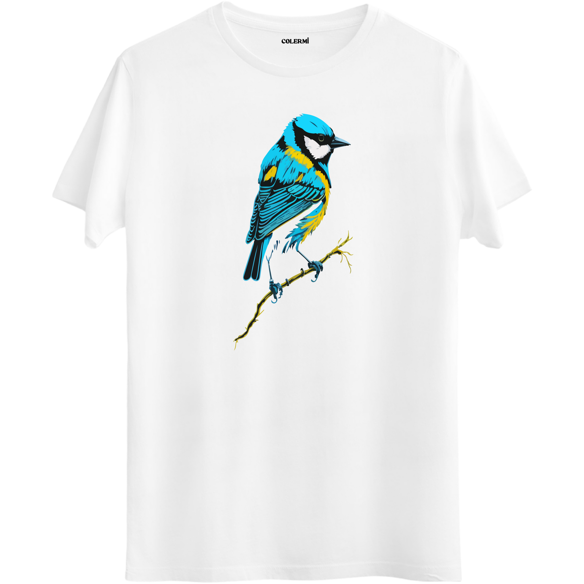 Beyaz tişört üzerinde renkli Luma mavi baştankara kuş tasarımı