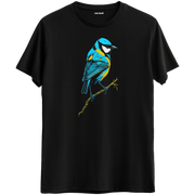 Siyah tişört üzerinde renkli Luma mavi baştankara kuş tasarımı