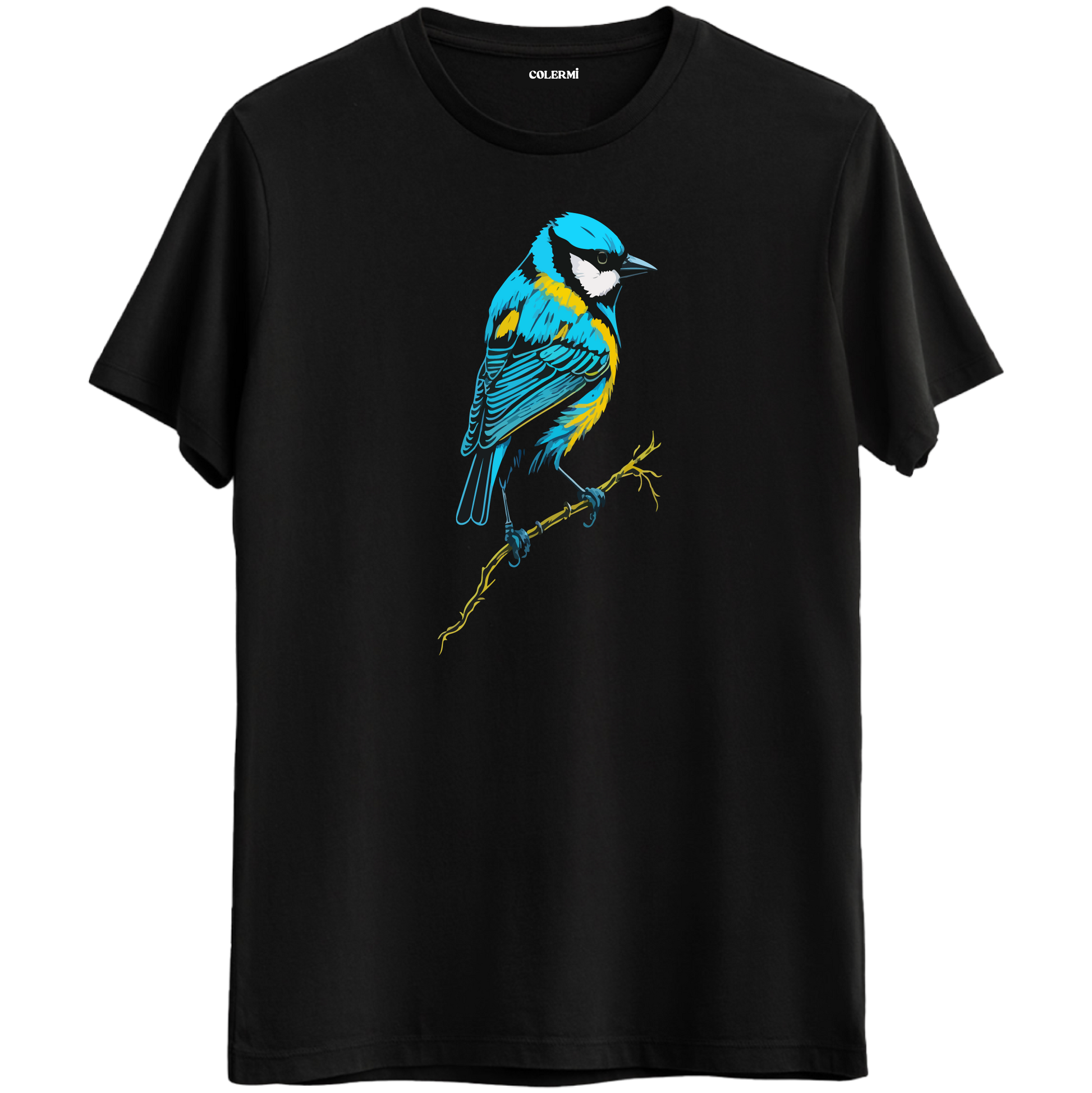 Siyah tişört üzerinde renkli Luma mavi baştankara kuş tasarımı