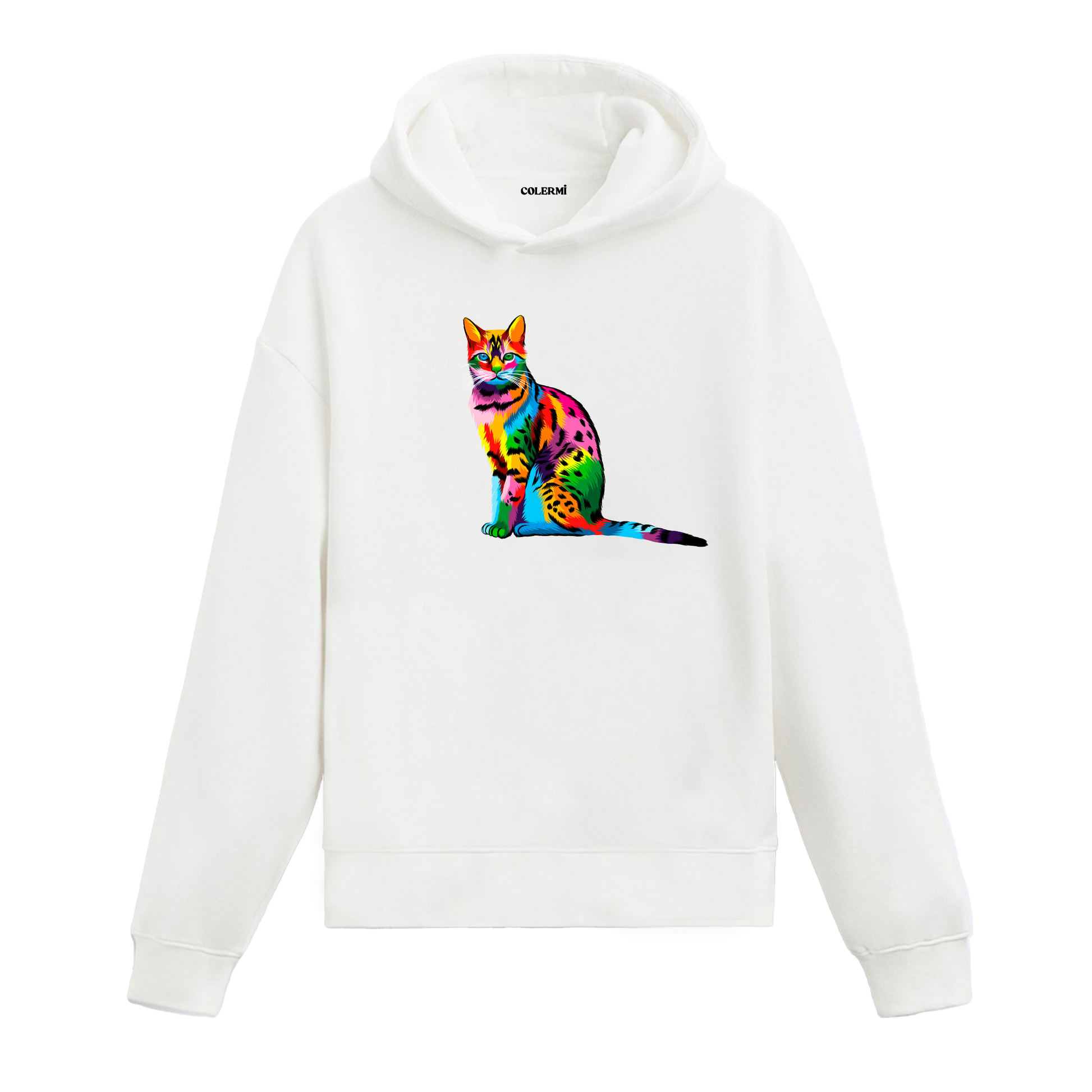 Beyaz hoodie, Luna isimli renkli kedi baskısı, sanatsal tasarım unisex hoodie
