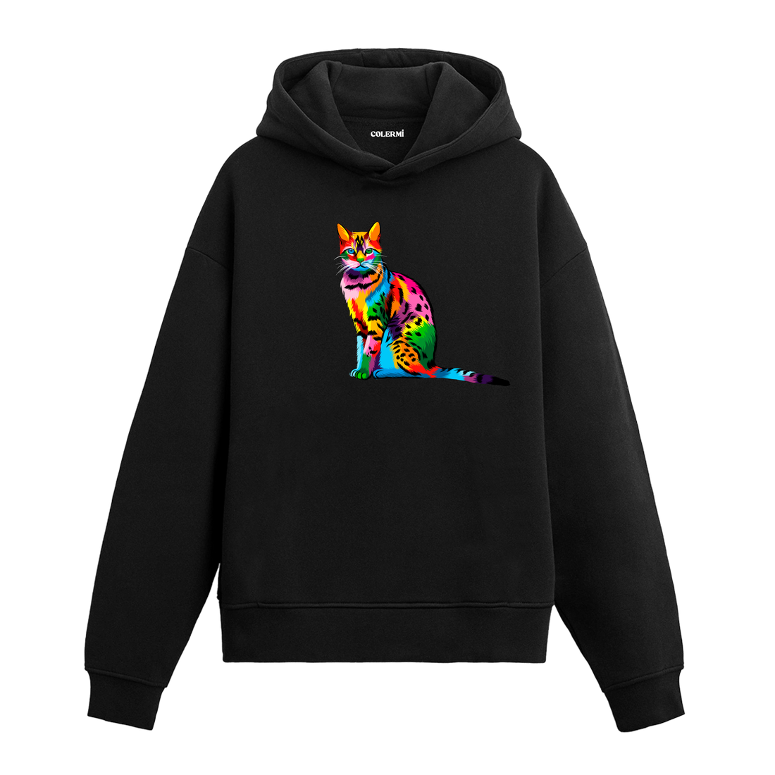 Siyah hoodie, Luna isimli renkli kedi baskısı, pamuklu unisex hoodie