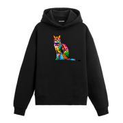 Siyah hoodie, Luna isimli renkli kedi baskısı, pamuklu unisex hoodie