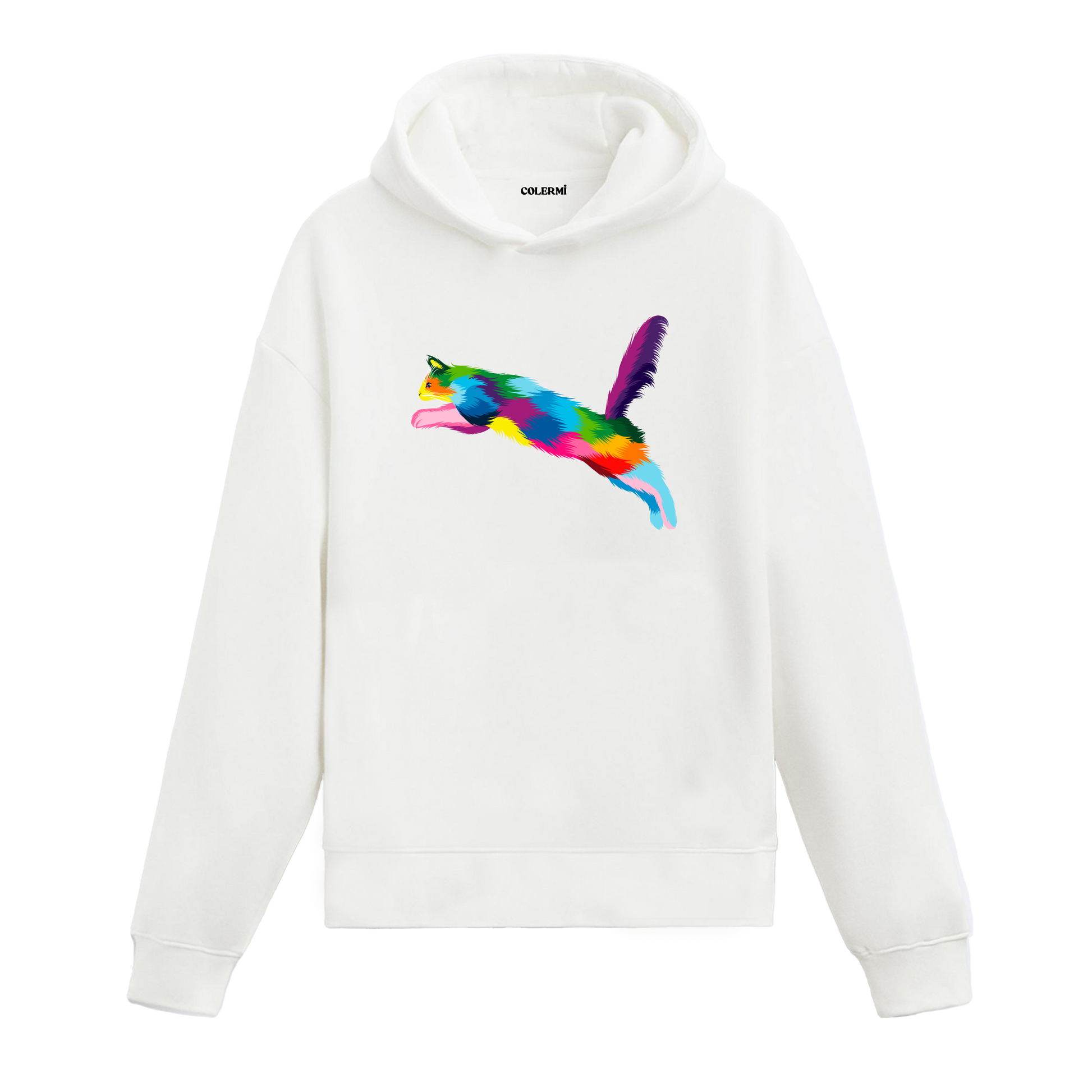 Beyaz hoodie, Luna isimli enerjik kedi baskısı, sanatsal tasarım unisex hoodie
