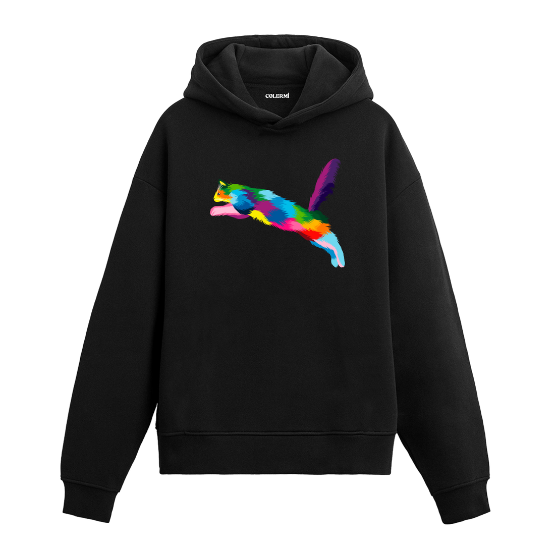 Siyah hoodie, Luna isimli zıplayan renkli kedi baskısı, pamuklu unisex hoodie