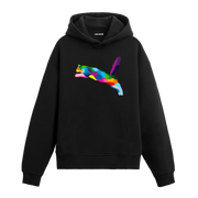 Siyah hoodie, Luna isimli zıplayan renkli kedi baskısı, pamuklu unisex hoodie