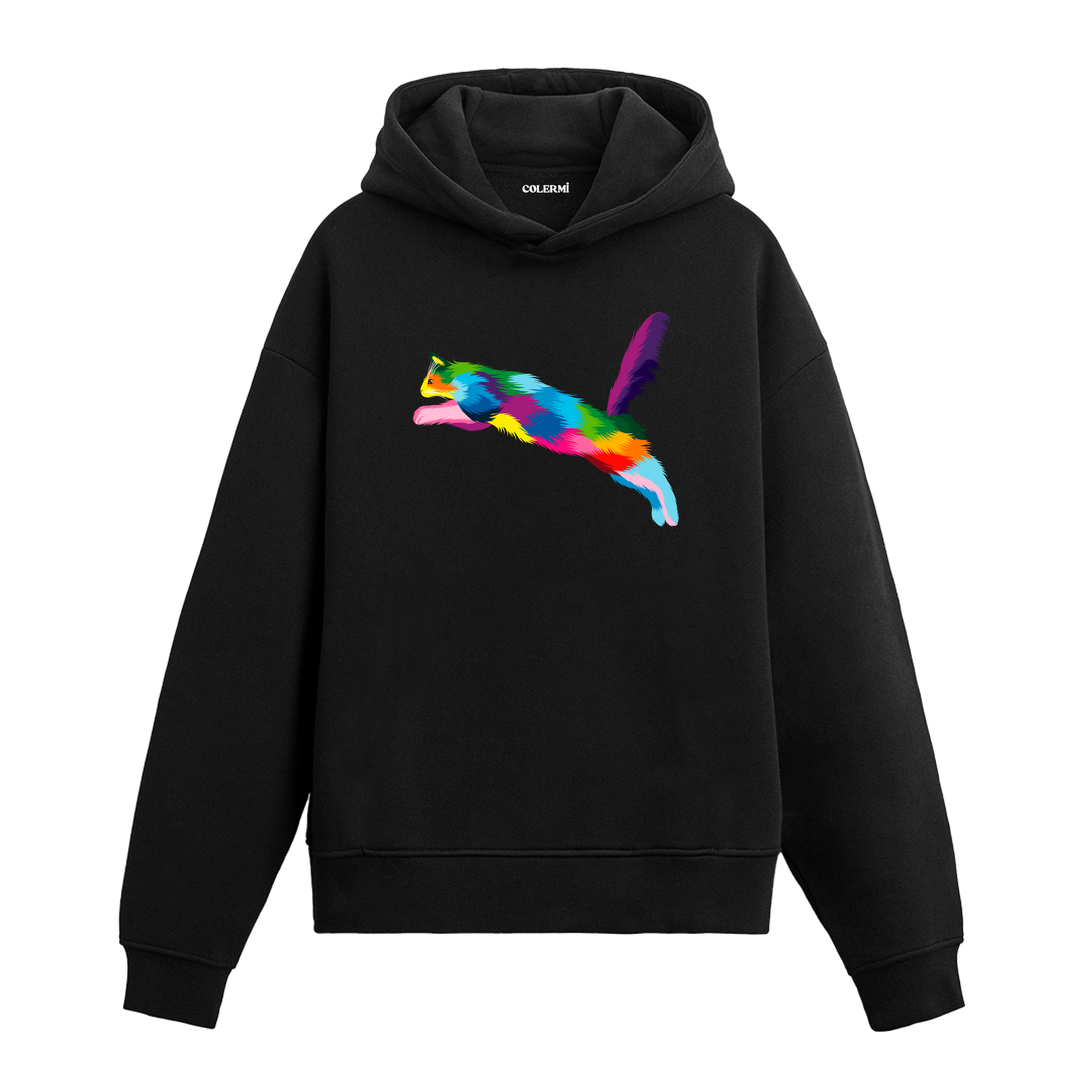 Siyah hoodie, Luna isimli zıplayan renkli kedi baskısı, pamuklu unisex hoodie