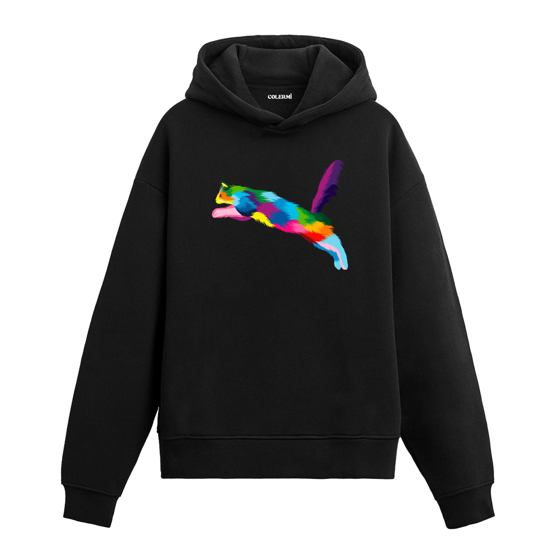 Siyah hoodie, Luna isimli zıplayan renkli kedi baskısı, pamuklu unisex hoodie
