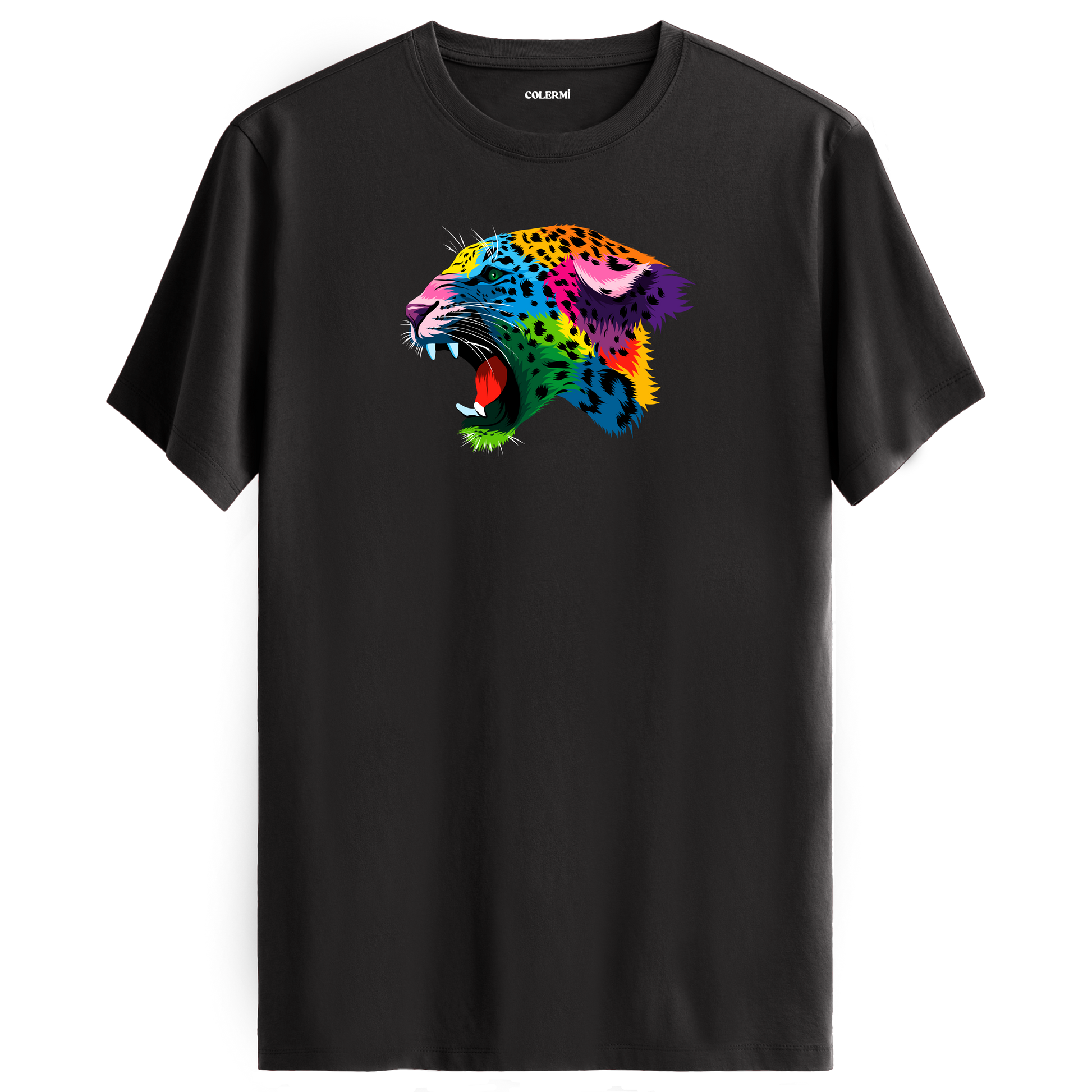 Antrasit tişört üzerinde renkli Lynx leopar tasarımı