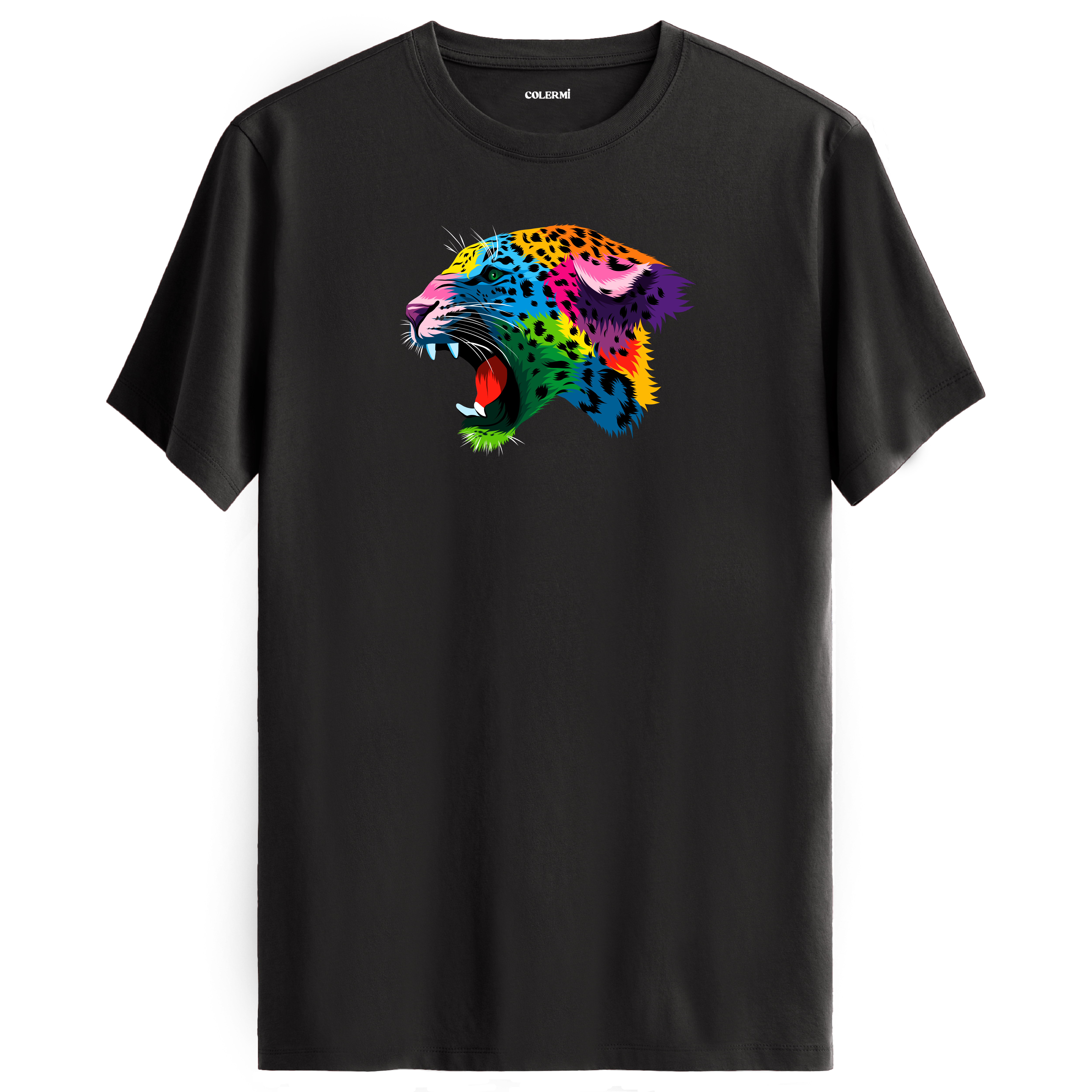 Antrasit tişört üzerinde renkli Lynx leopar tasarımı