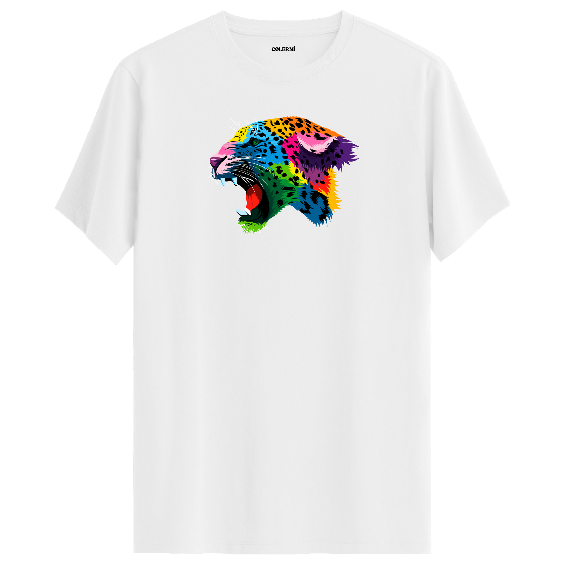 Beyaz tişört üzerinde renkli Lynx leopar tasarımı