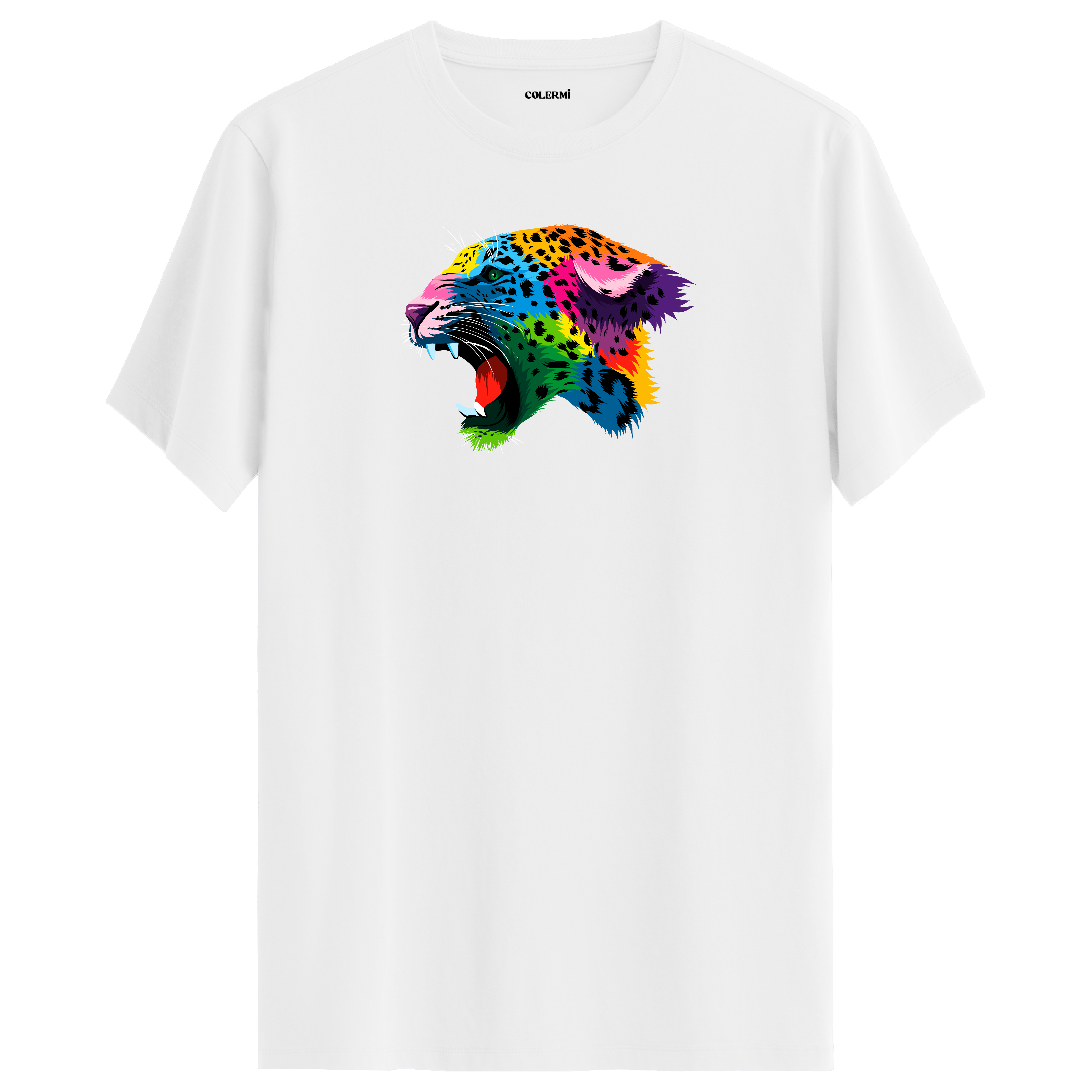 Beyaz tişört üzerinde renkli Lynx leopar tasarımı