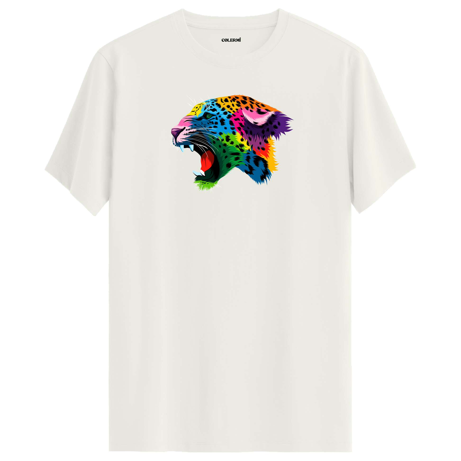 Ekru tişört üzerinde renkli Lynx leopar tasarımı