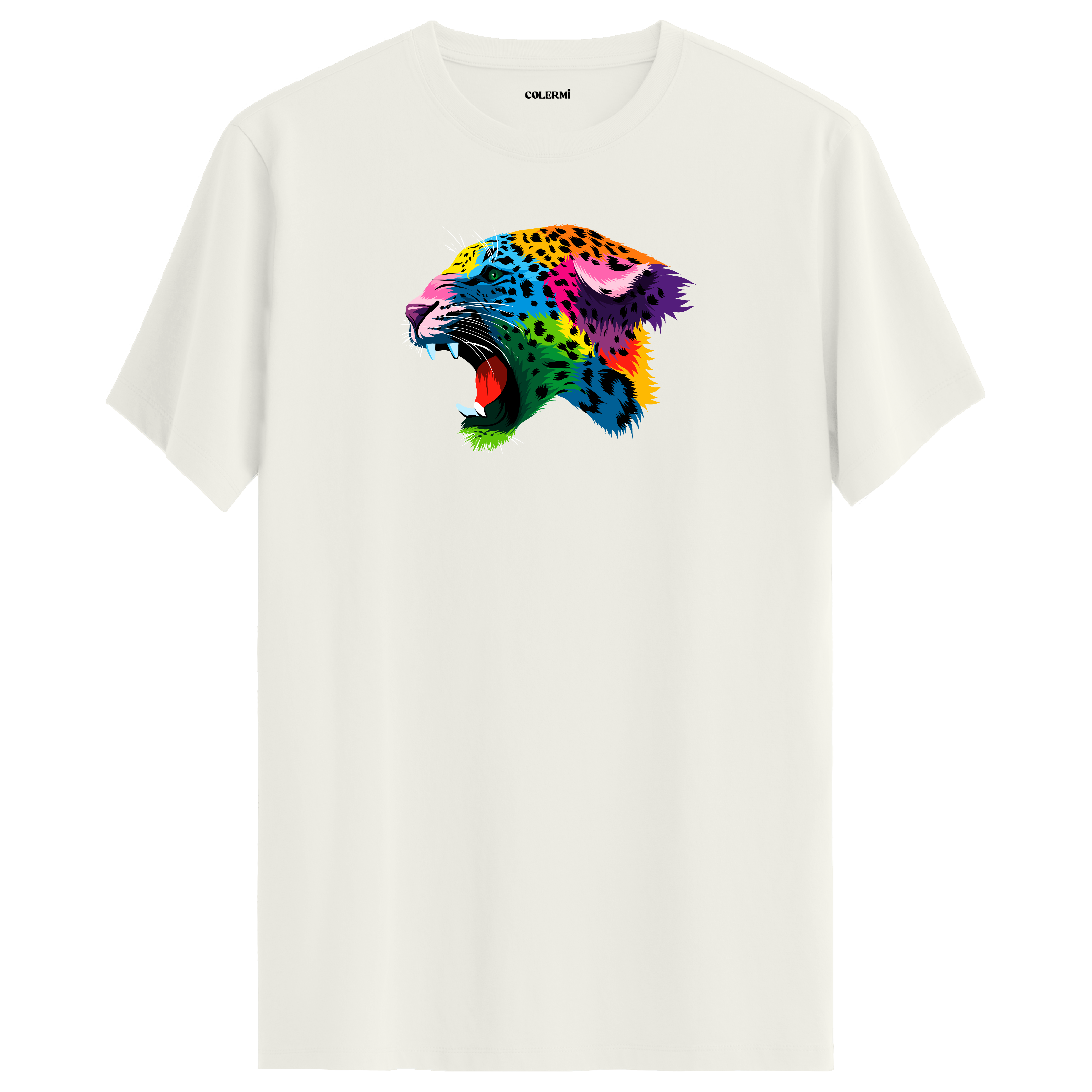 Ekru tişört üzerinde renkli Lynx leopar tasarımı