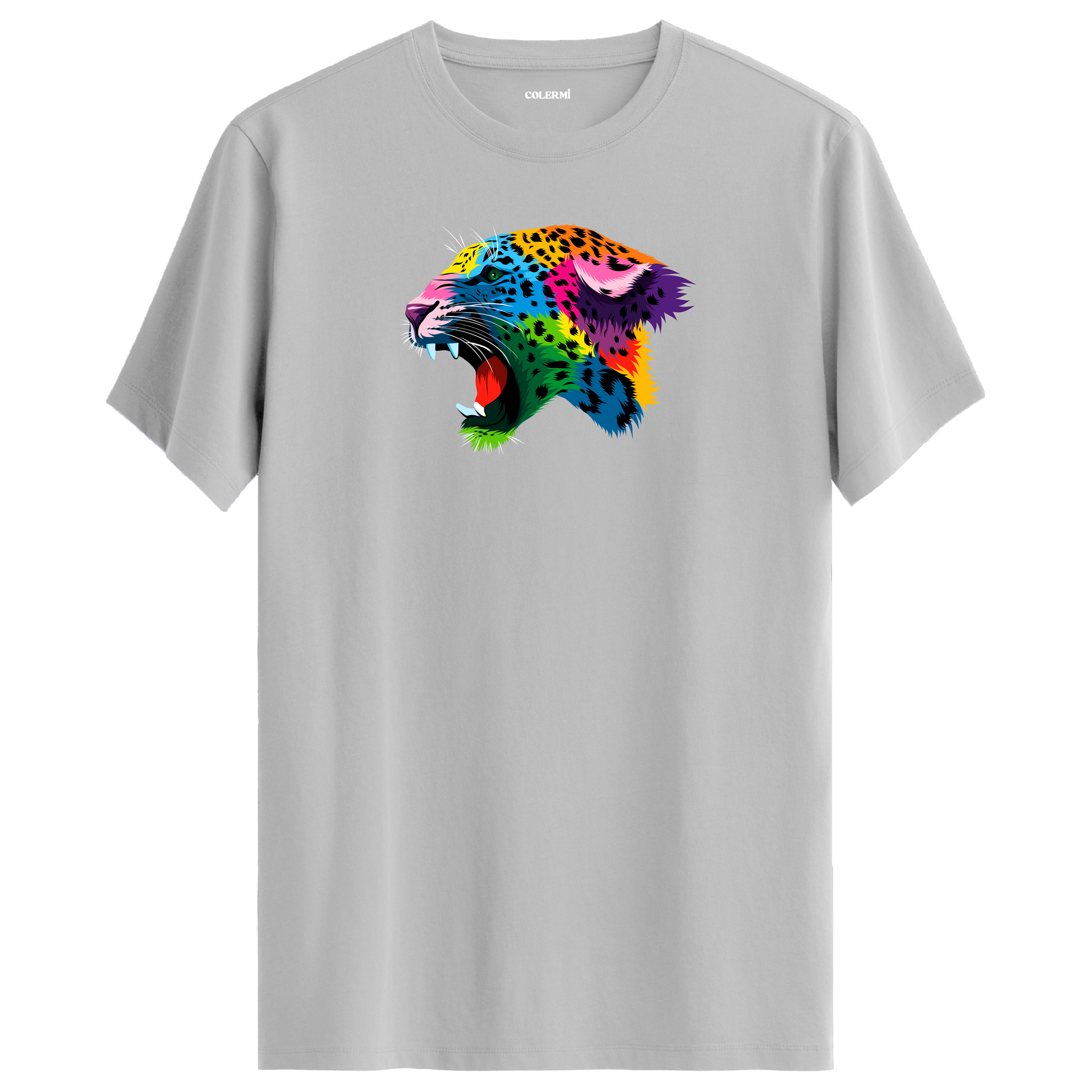 Gri tişört üzerinde renkli Lynx leopar tasarımı