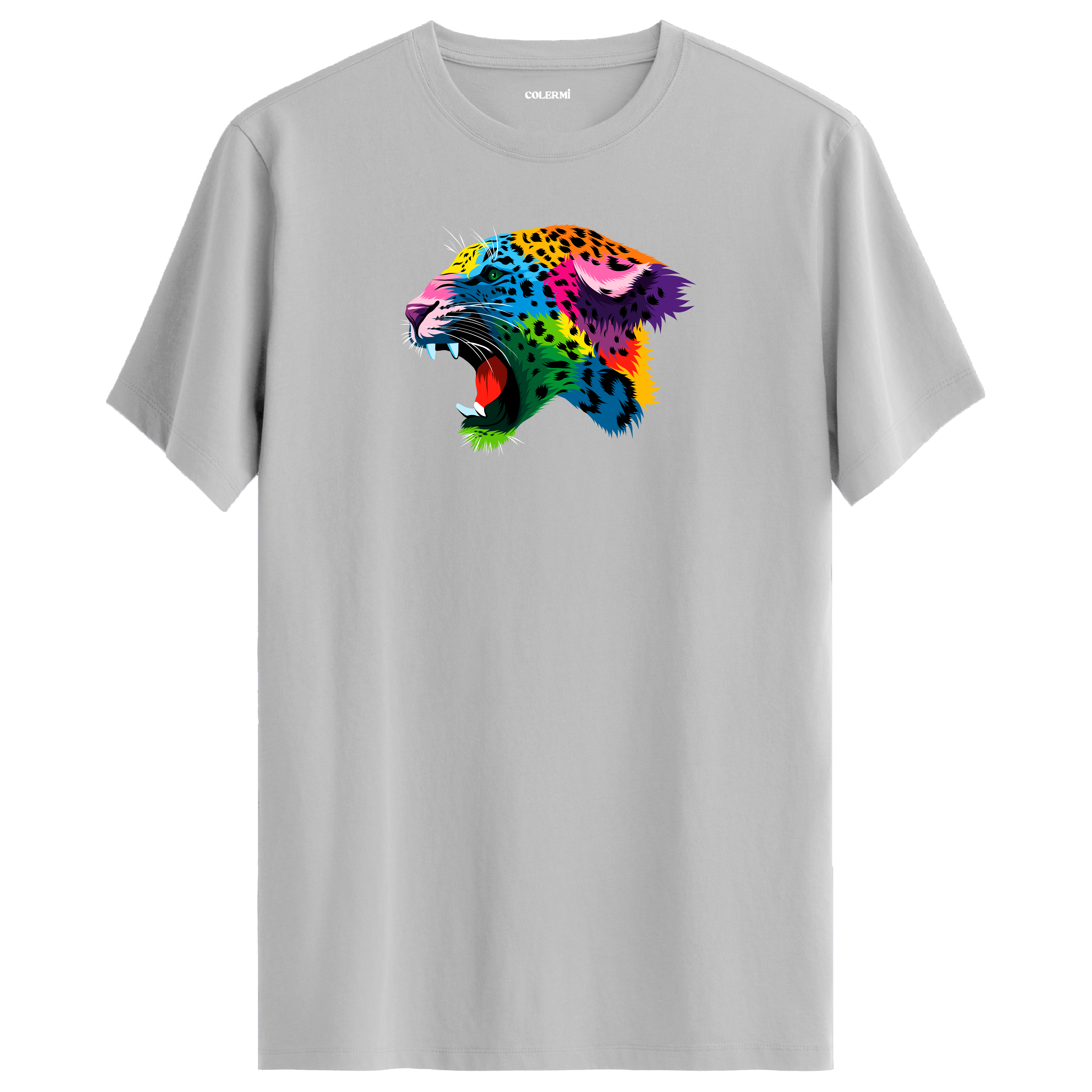 Gri tişört üzerinde renkli Lynx leopar tasarımı