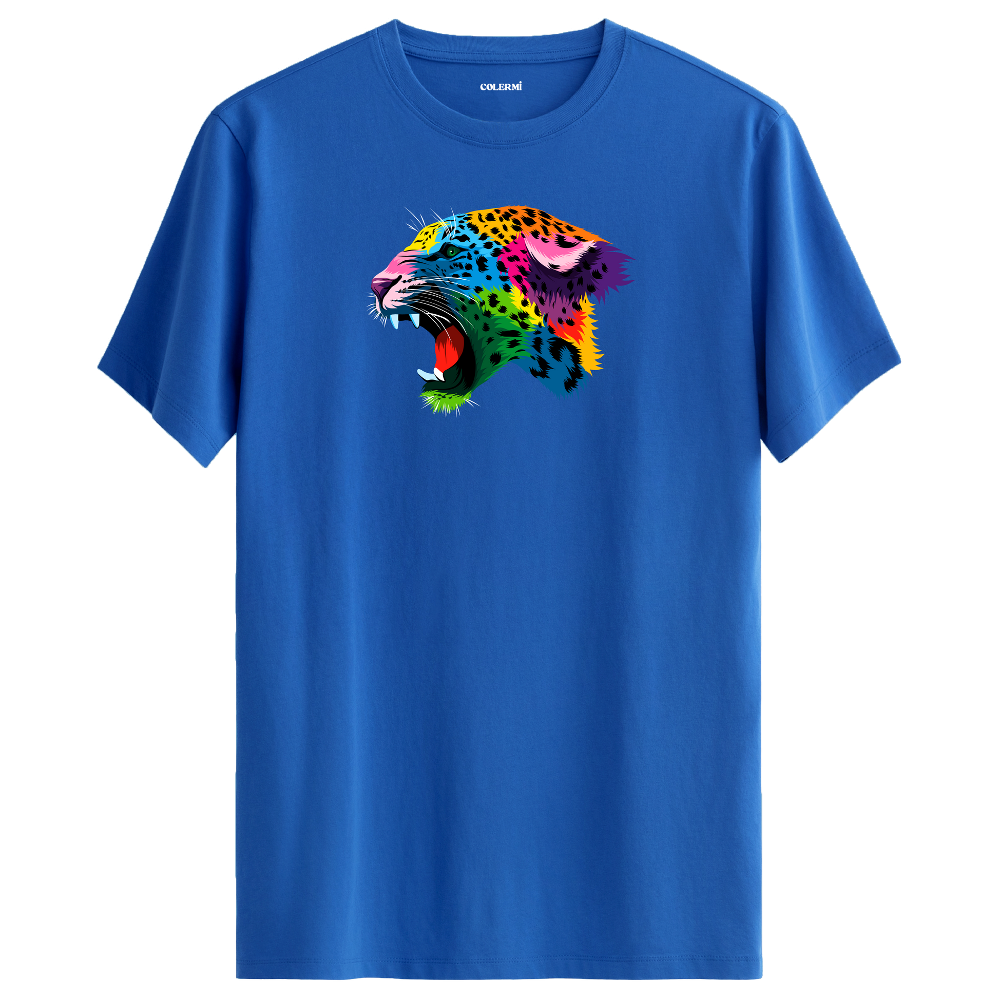 Mavi tişört üzerinde renkli Lynx leopar tasarımı