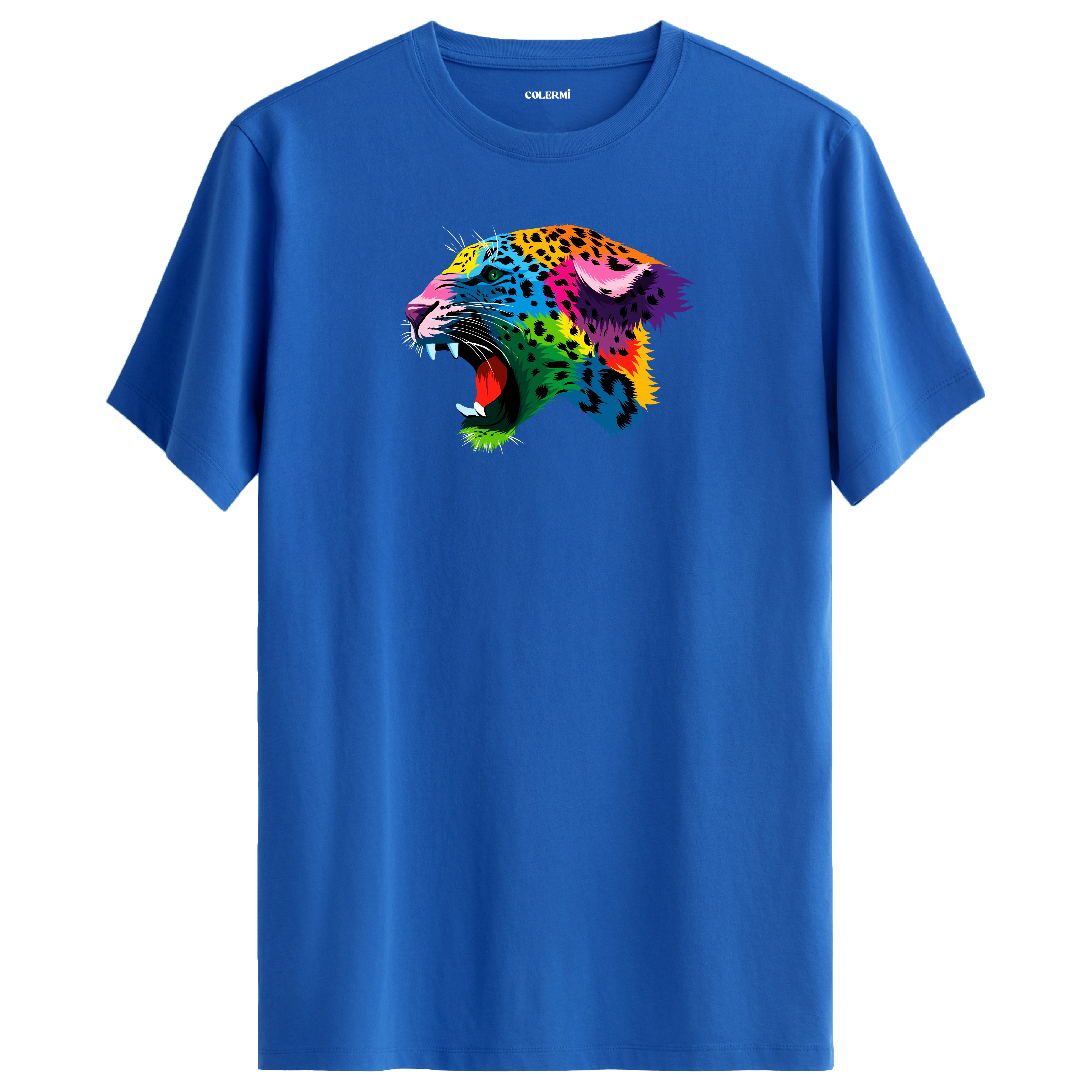 Mavi tişört üzerinde renkli Lynx leopar tasarımı