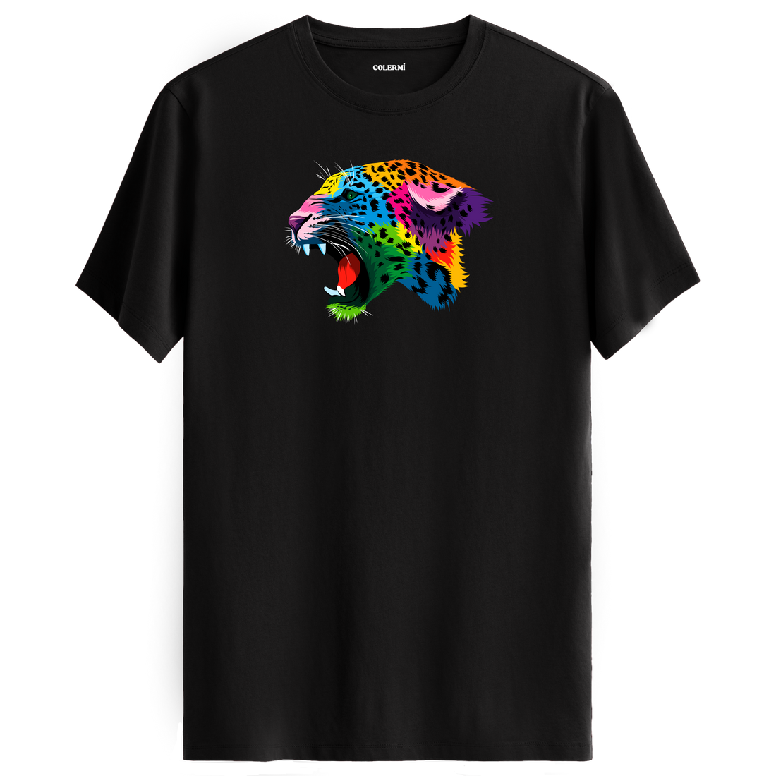 Siyah tişört üzerinde renkli Lynx leopar tasarımı