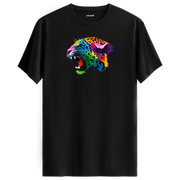 Siyah tişört üzerinde renkli Lynx leopar tasarımı