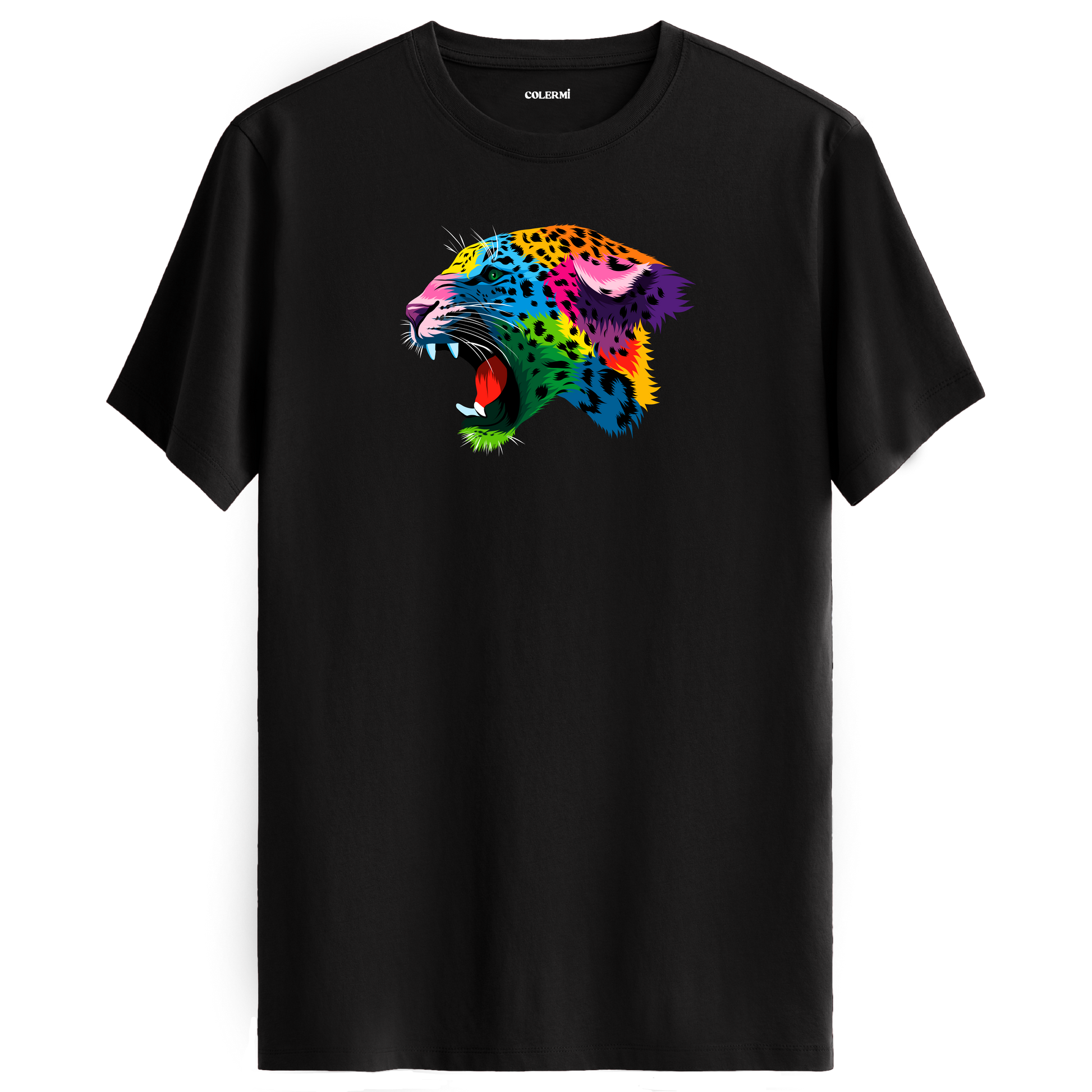 Siyah tişört üzerinde renkli Lynx leopar tasarımı