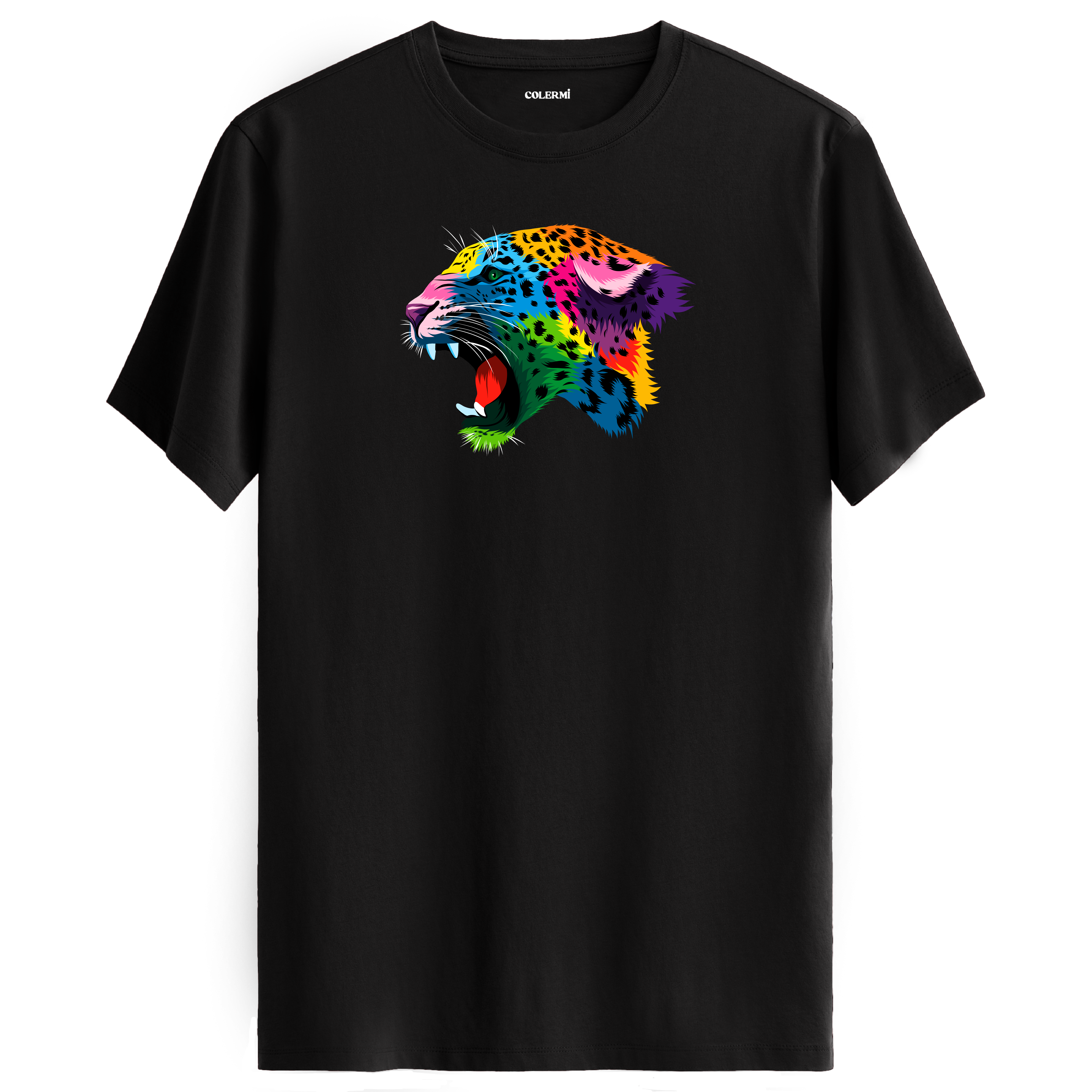 Siyah tişört üzerinde renkli Lynx leopar tasarımı