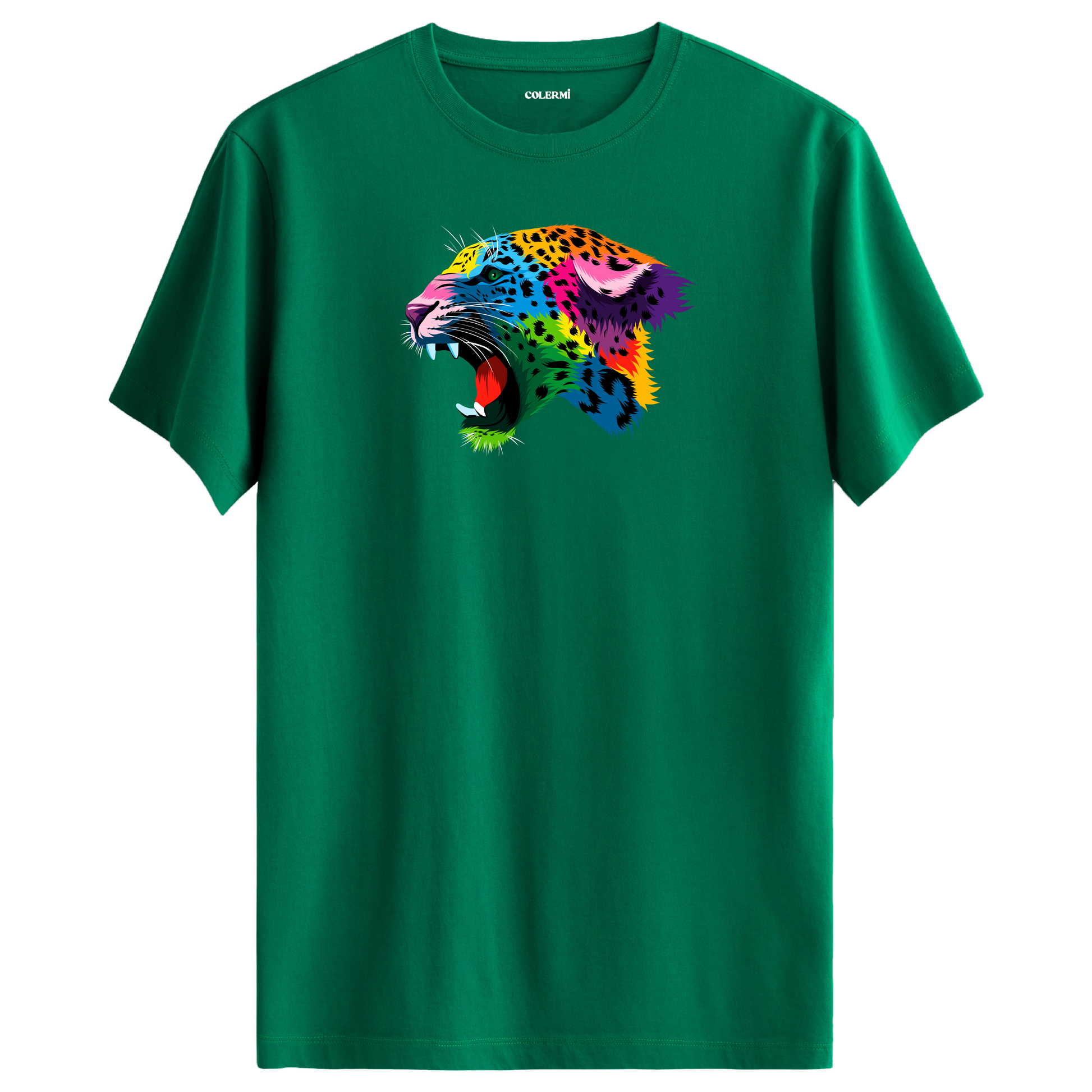 Yeşil tişört üzerinde renkli Lynx leopar tasarımı