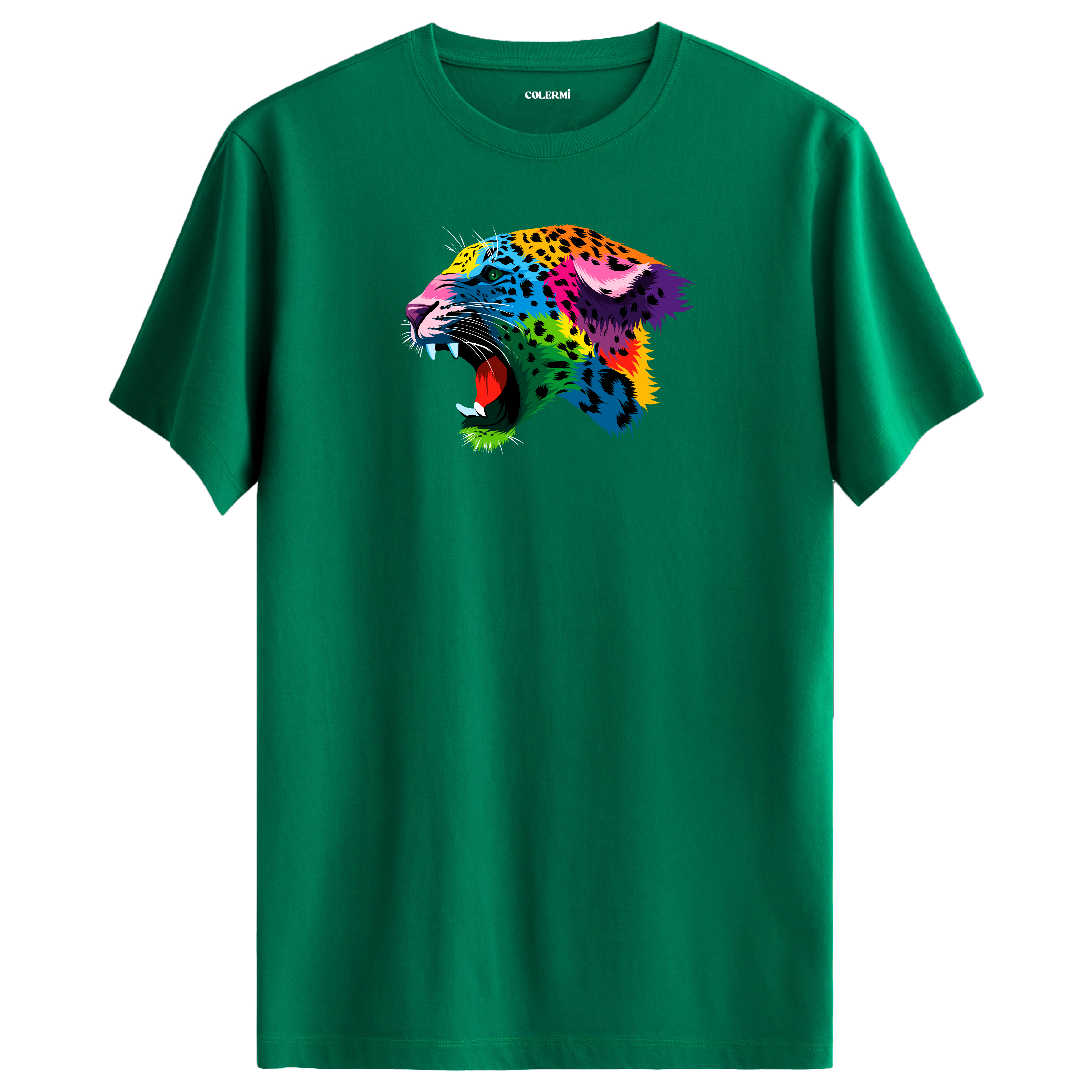 Yeşil tişört üzerinde renkli Lynx leopar tasarımı