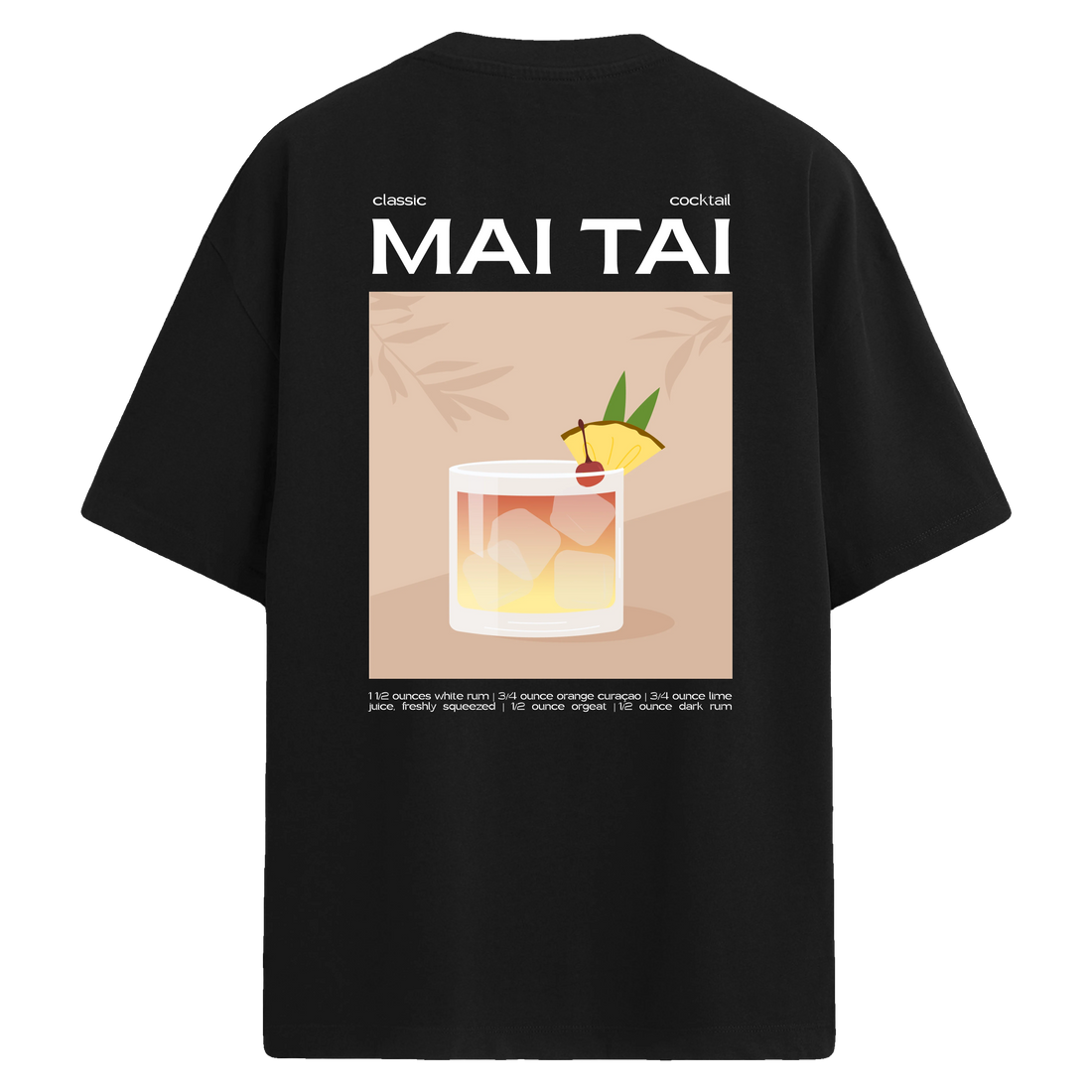 Mai Tai kokteyli illüstrasyonu bulunan sırt baskılı siyah oversize tişört