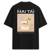 Mai Tai kokteyli illüstrasyonu bulunan sırt baskılı siyah oversize tişört