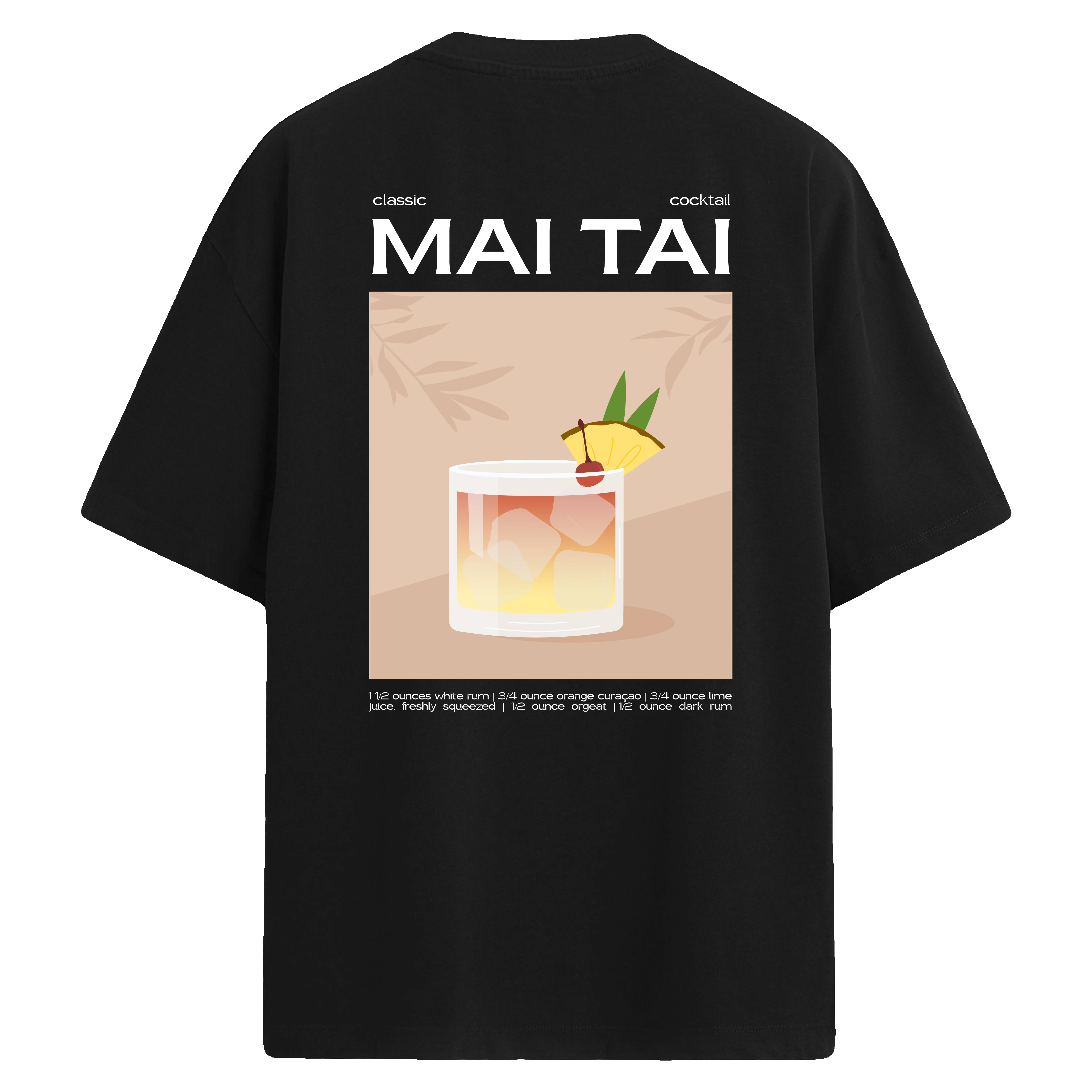 Mai Tai kokteyli illüstrasyonu bulunan sırt baskılı siyah oversize tişört